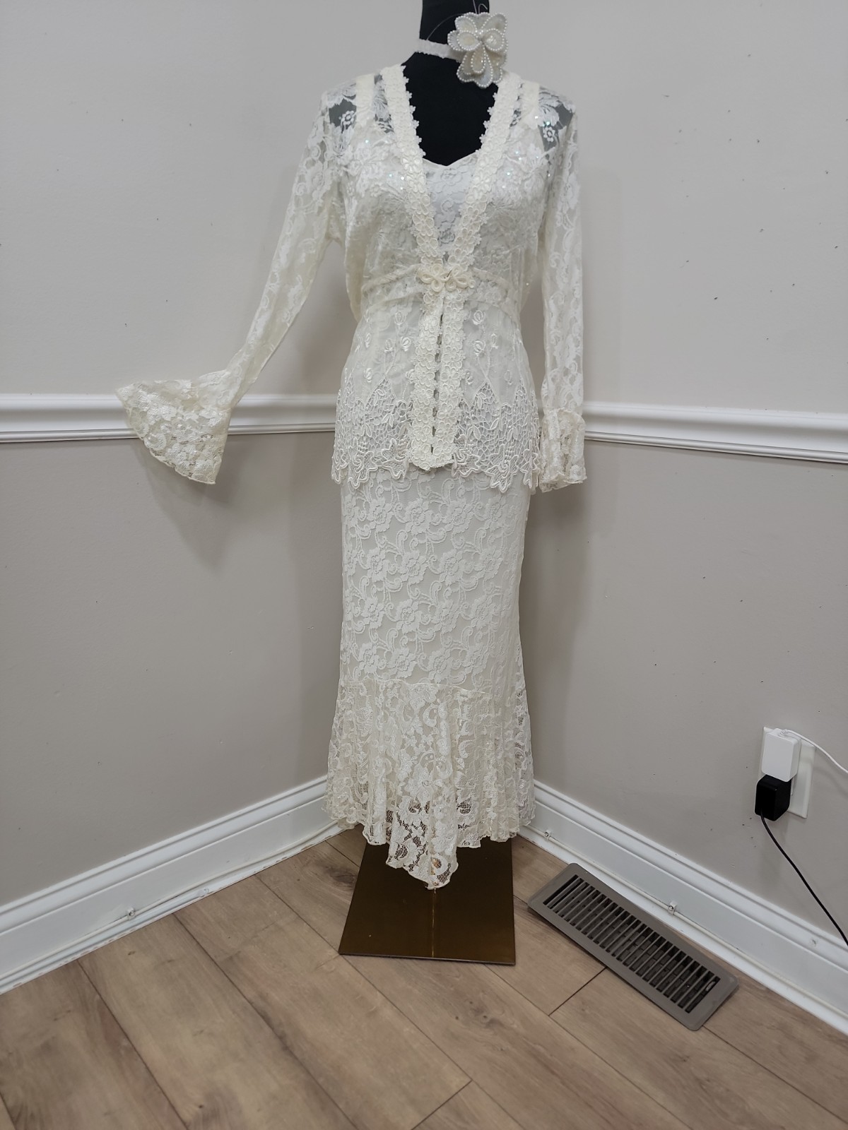 VTG Y2K Spencer Alexis Wedding White Lace Maxi Dress Jacket 2pc Set 12P Petite