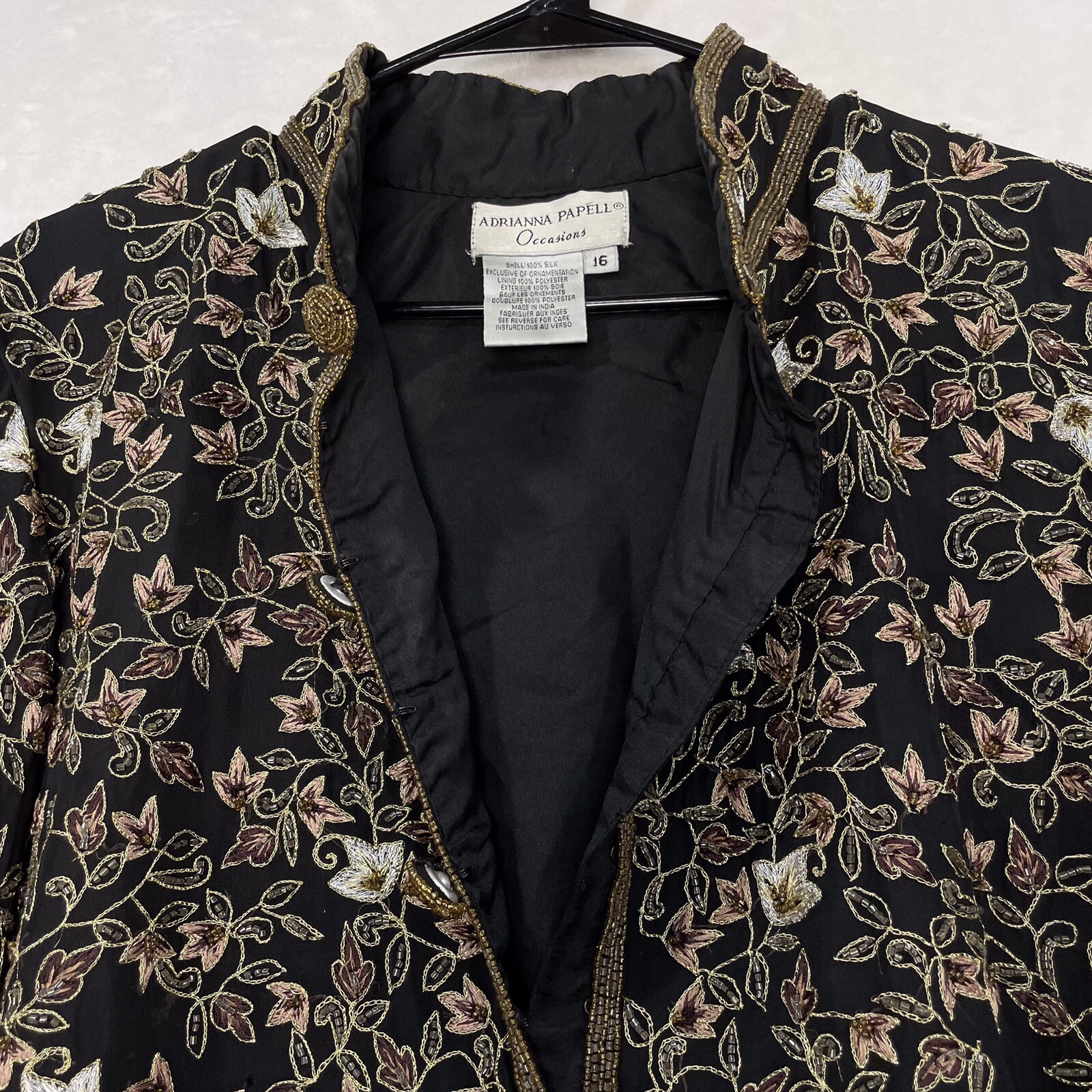 VTG Adrianna Papell Evening Silk Beaded Embroidered Jacket 16 Black Silver Gold