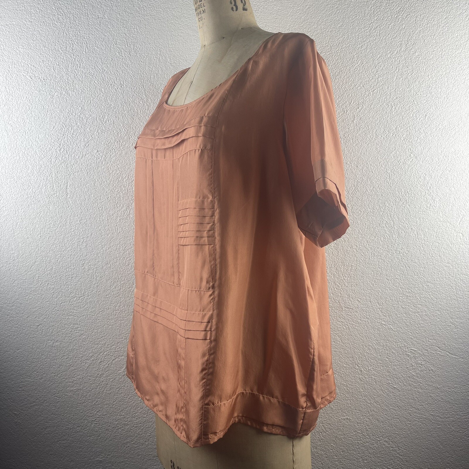 Vintage l 80s XL WinterSilks Silk Pin Tuck Pleated Short Sleeve Relax Fit Blouse