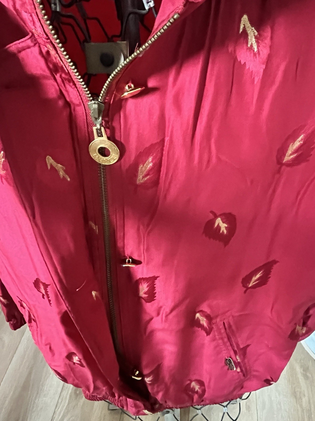 Vintage Silk Bomber Jacket Women M Red Gold Leaf Print Lightweight 90s Retro Zip