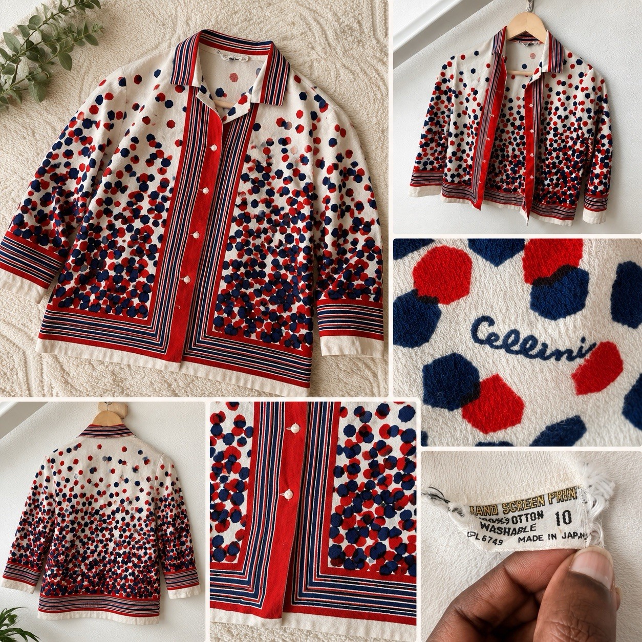 Cellini Vintage Cotton Collared Button-Front Shirt Size 10 Red White Blue Japan