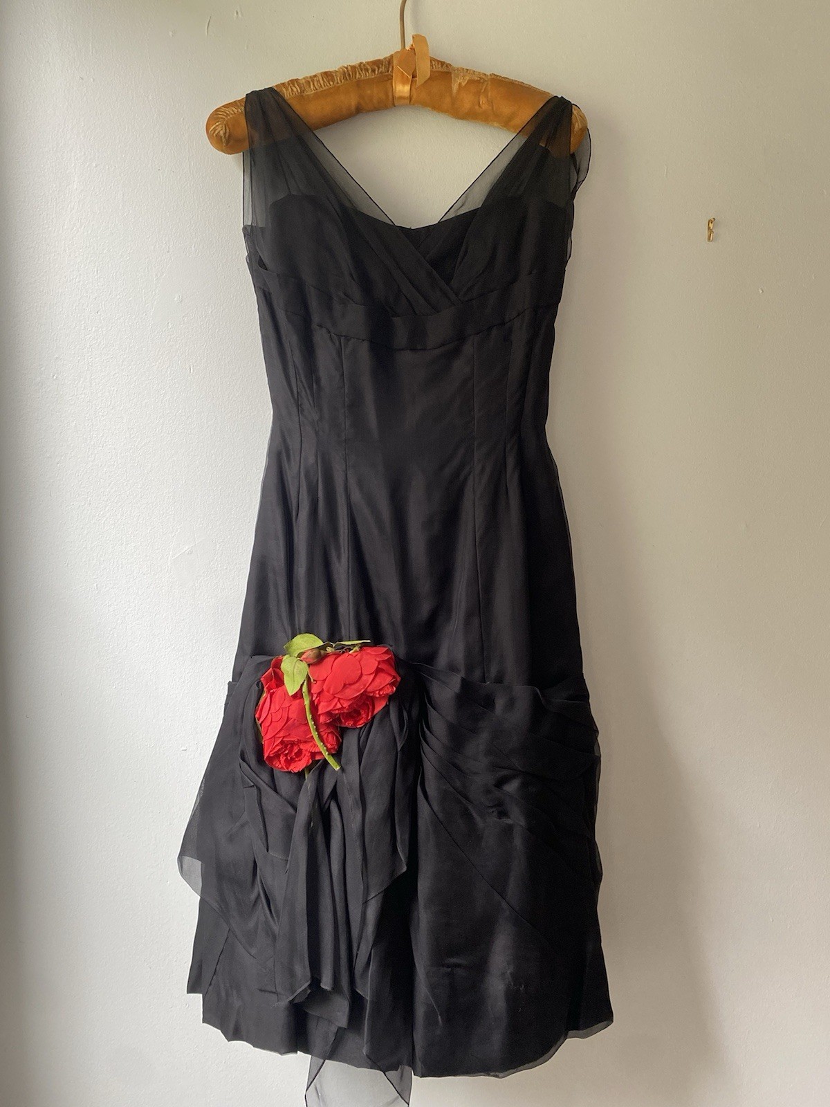 Ceil Chapman Rare 1950’s Black Silk Chiffon Dress With Red Rose