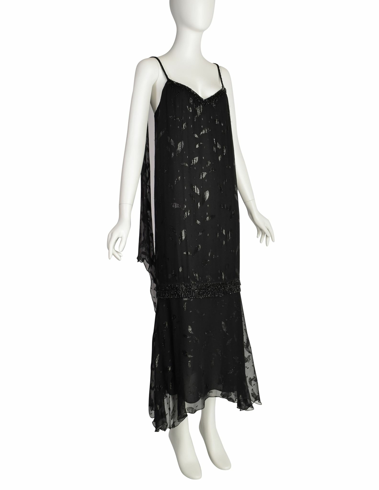 Holly’s Harp Vintage 1980s Black Silk Chiffon Metallic Leaf Jacquard Beaded Frin