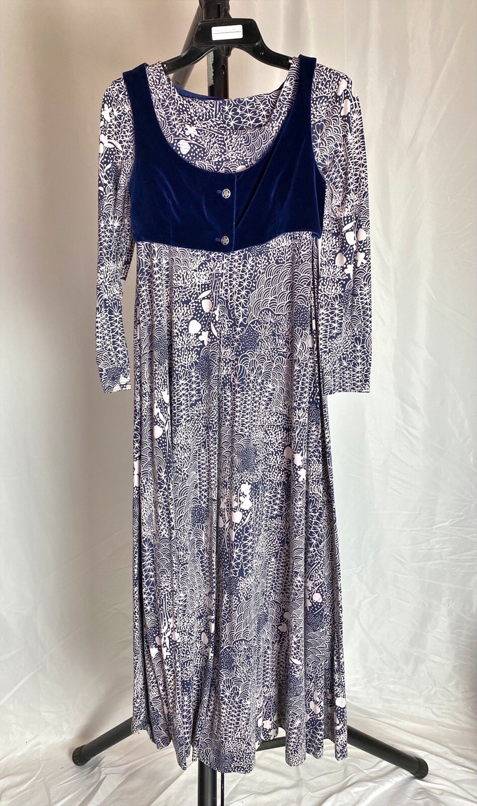 Vintage 70s Maxi Dress Blue White Boho Floral Graphic Print Long Sleeve w/Vest
