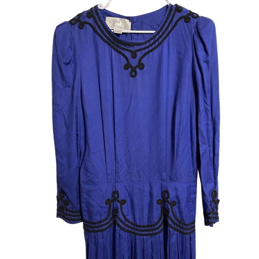 Vtg Sarah Elizabeth Sapphire Blue Long Dress Black Cord Detail Button Back Sz 12