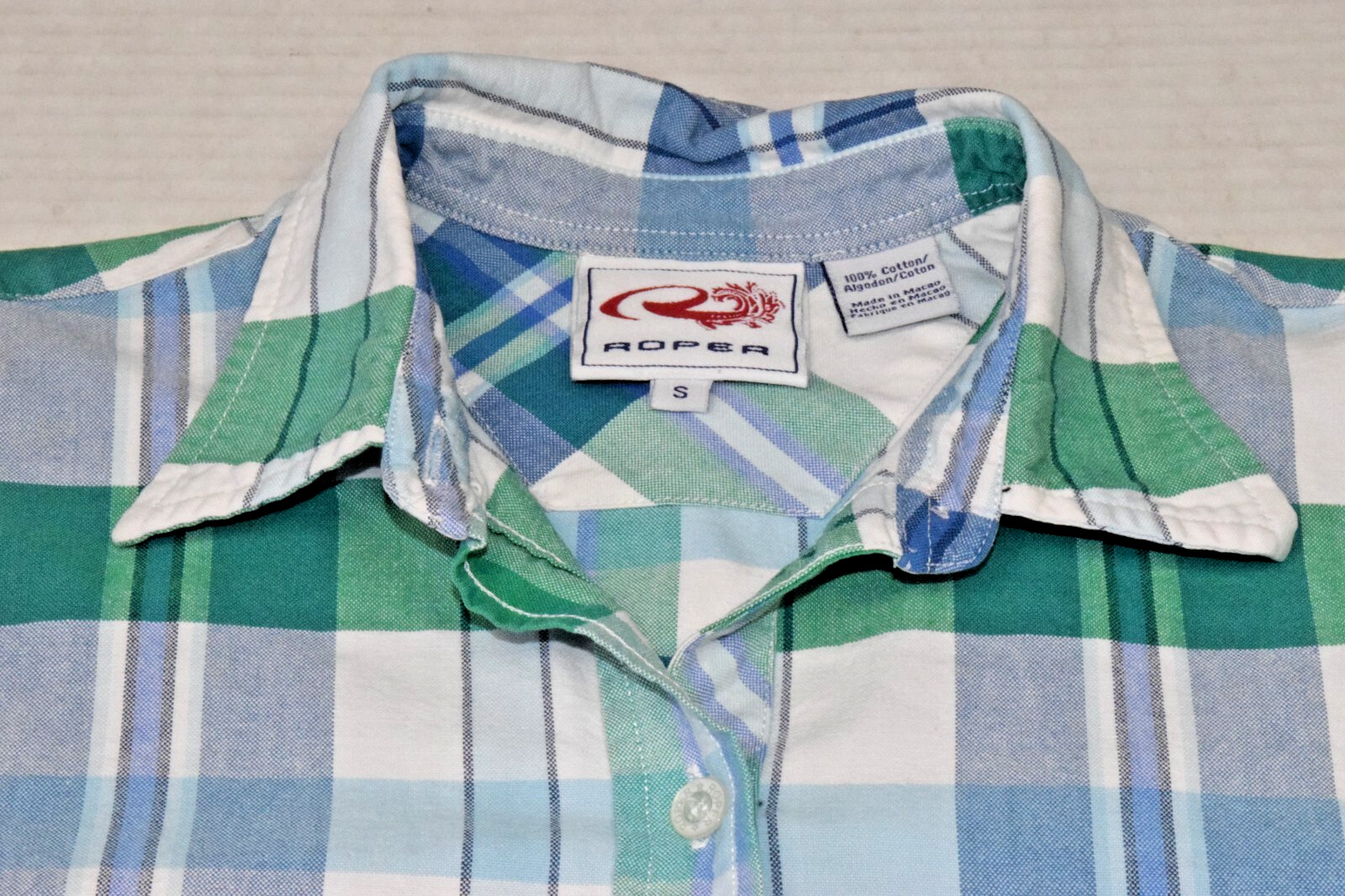 Vintage Western Shirt Roper Size S 90s Green Blue Plaid Thick Cotton