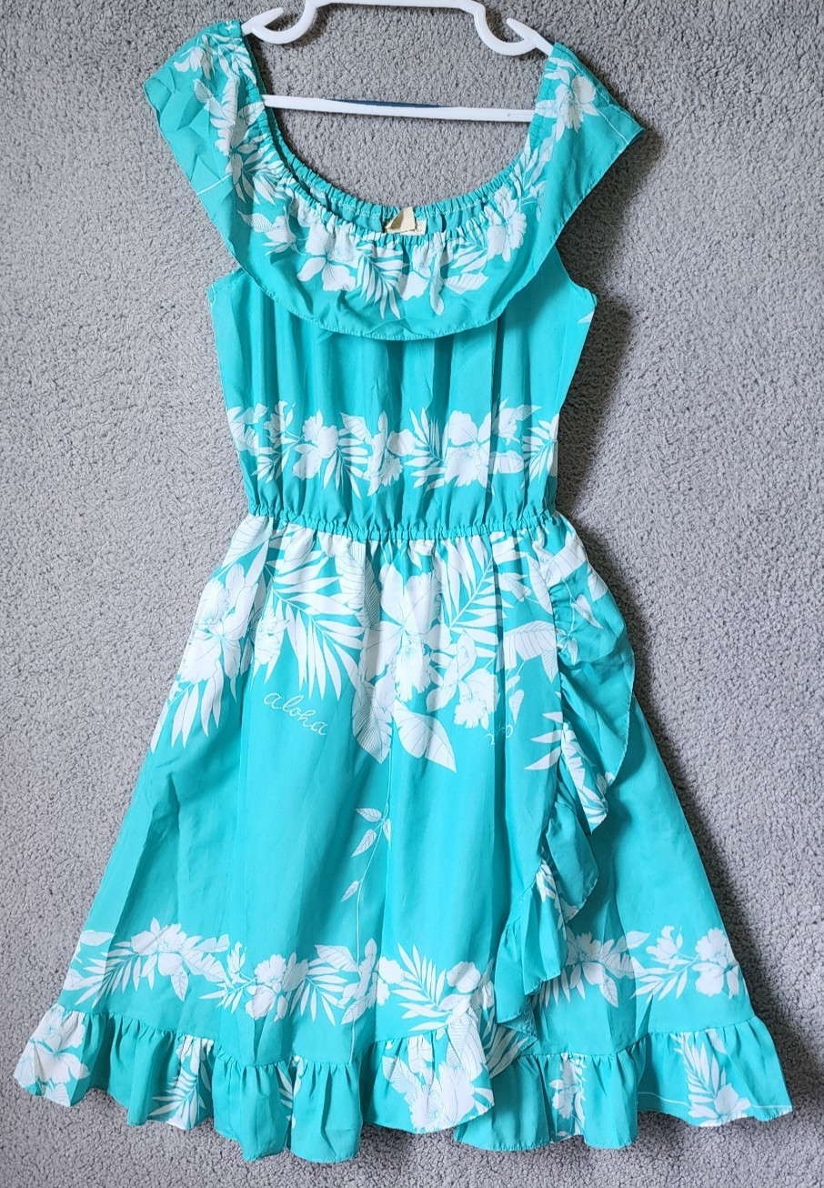 Vtg Royal Princess L Hawaii Dress Tropical Blue White Floral Off Shoulder Ruffle