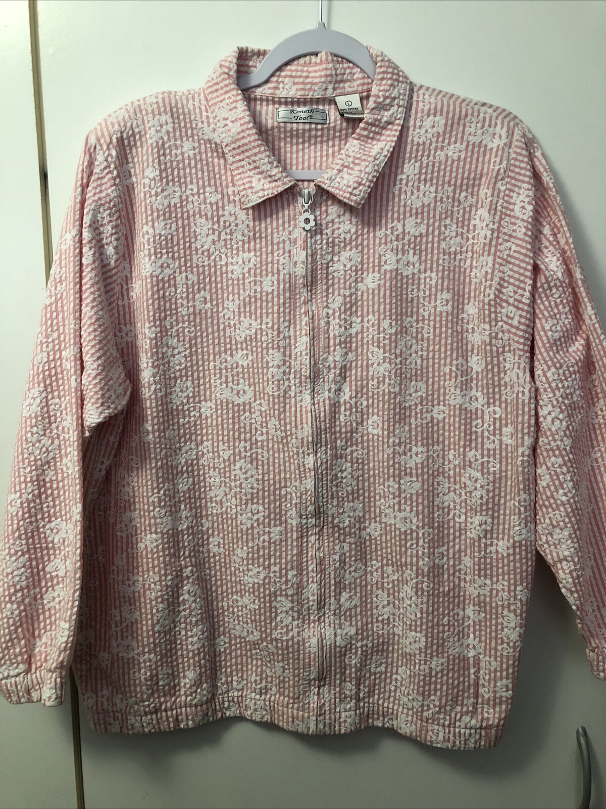 Keneth Too! Striped Jacket Top Size Large 100% Cotton Vintage 80s Full Zipper