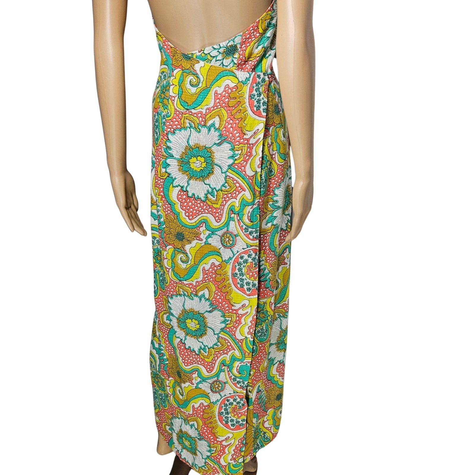 70s Wrap Maxi Dress Yellow Handmade Floral Vintage Strappy Backless 2 pc Size S