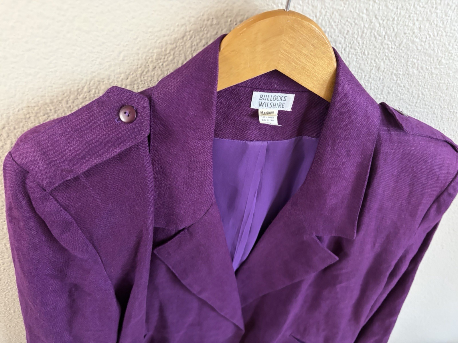 VTG 80s 90s BullocksWilshire Purple 100% Linen Pantsuit Set M 12 Power Suit Pads