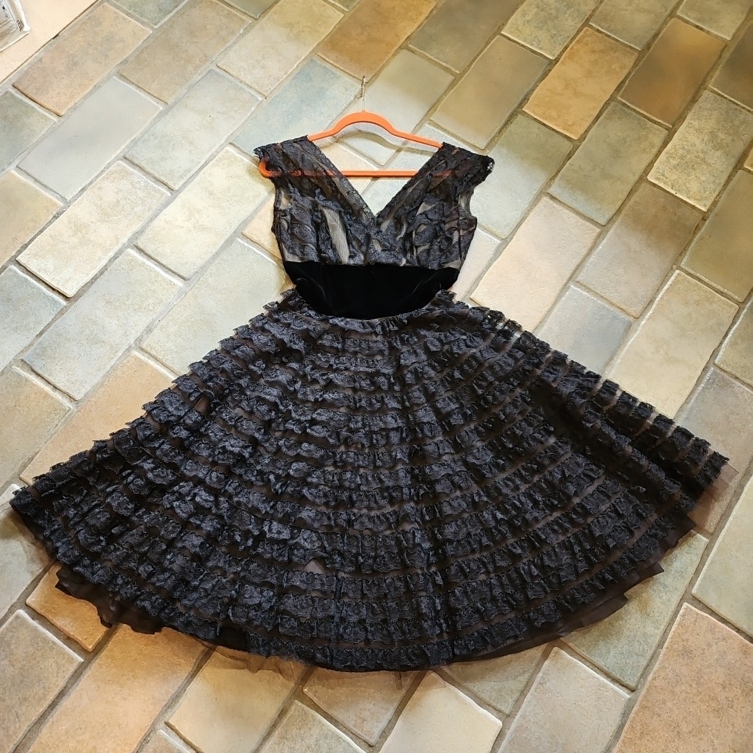 Vintage 50s Black Tulle & Lace A-Line Full Circle Skirt Evening Party Dress Sz S