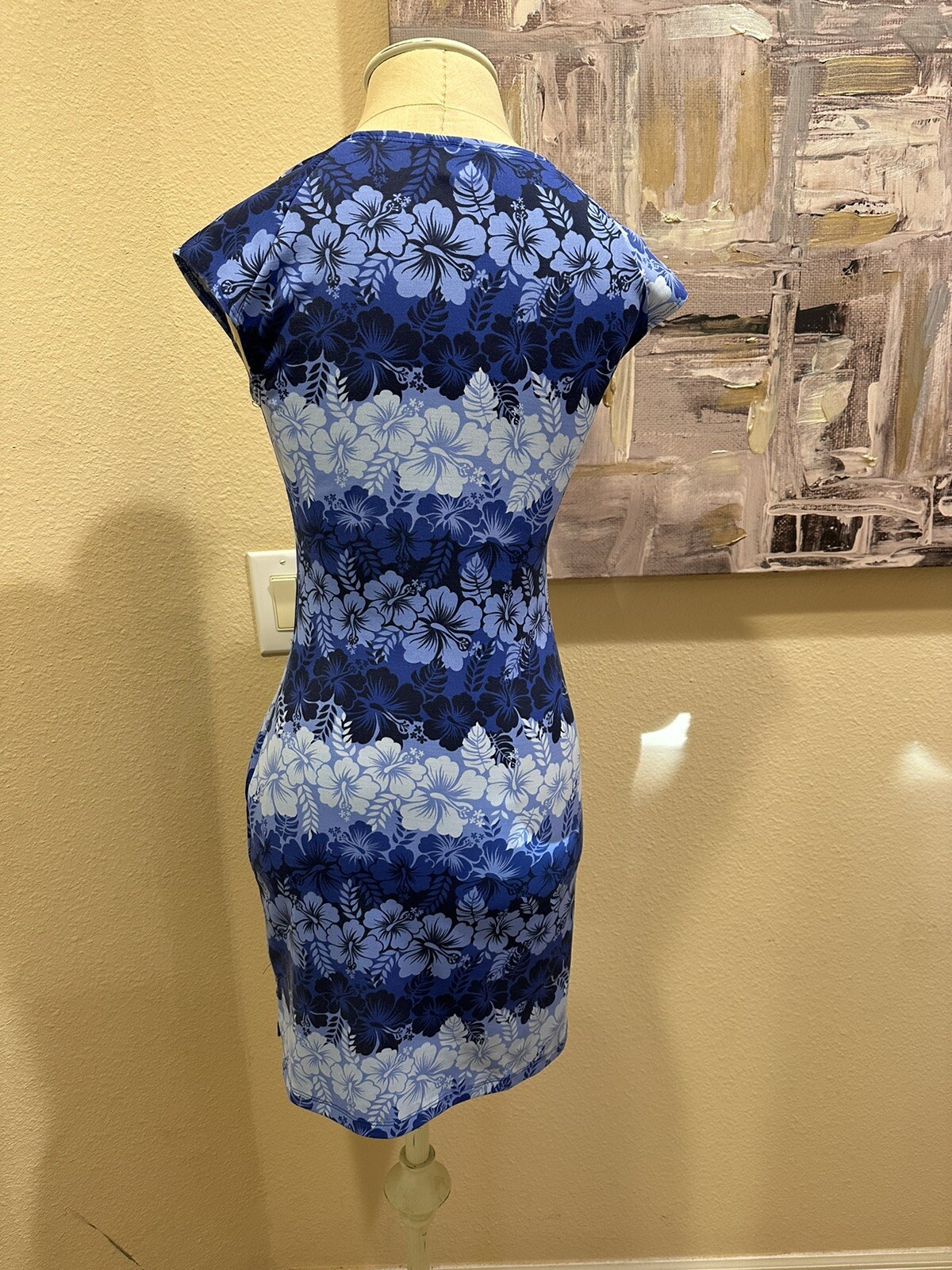 Vintage 90s Tropical Floral Blue Hibiscus Print Stretch Mini Dress Finesse Sz S