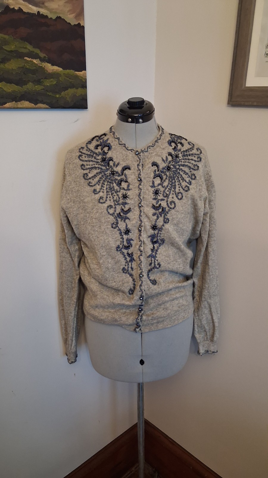 Vintage 1950s Beaded Cardigan, Grey And Black Sz 42 M/L Elegant Embellishedn