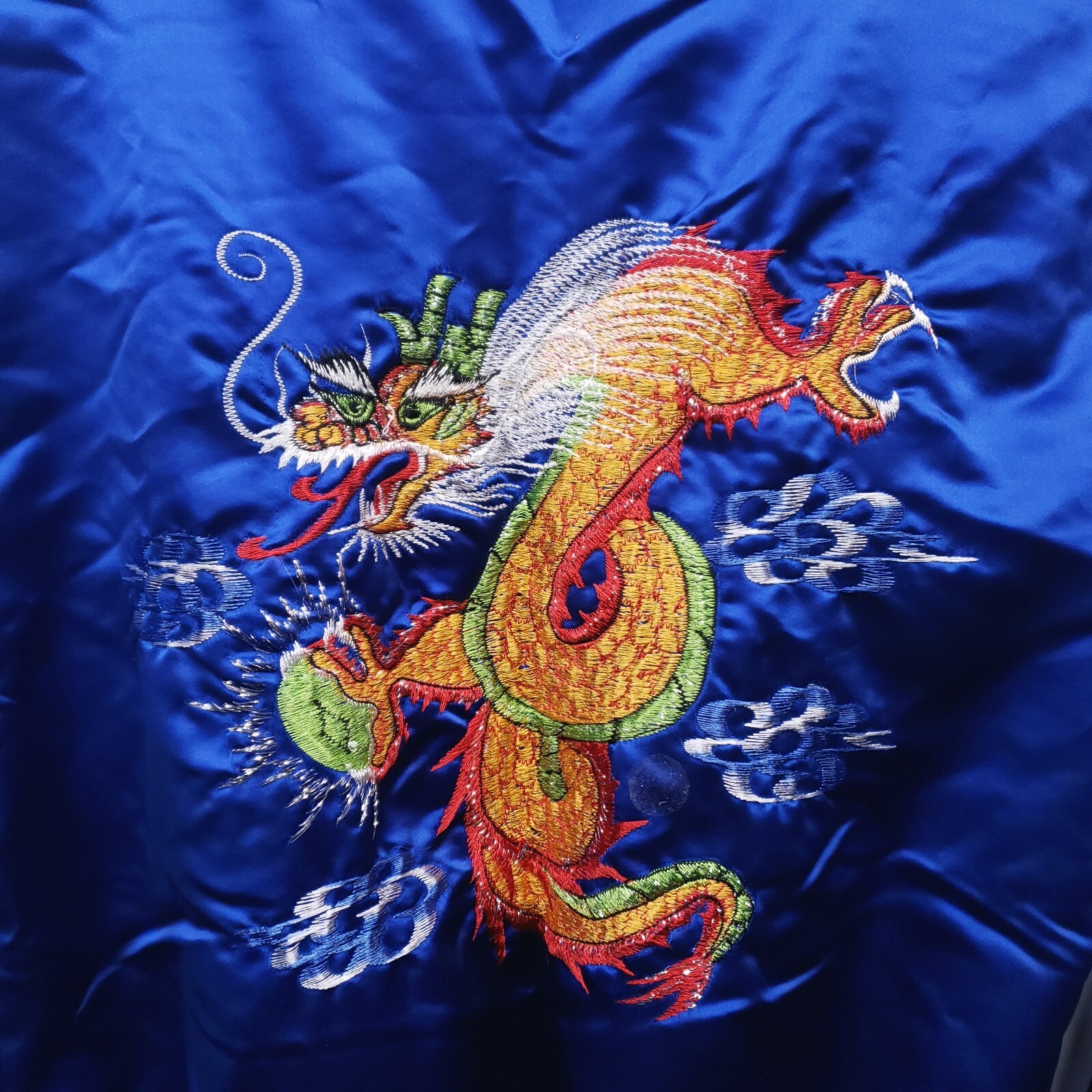 VTG Made In Korea Blue Silk Hand Embroidered Dragon Kimono Robe Lined Sz M