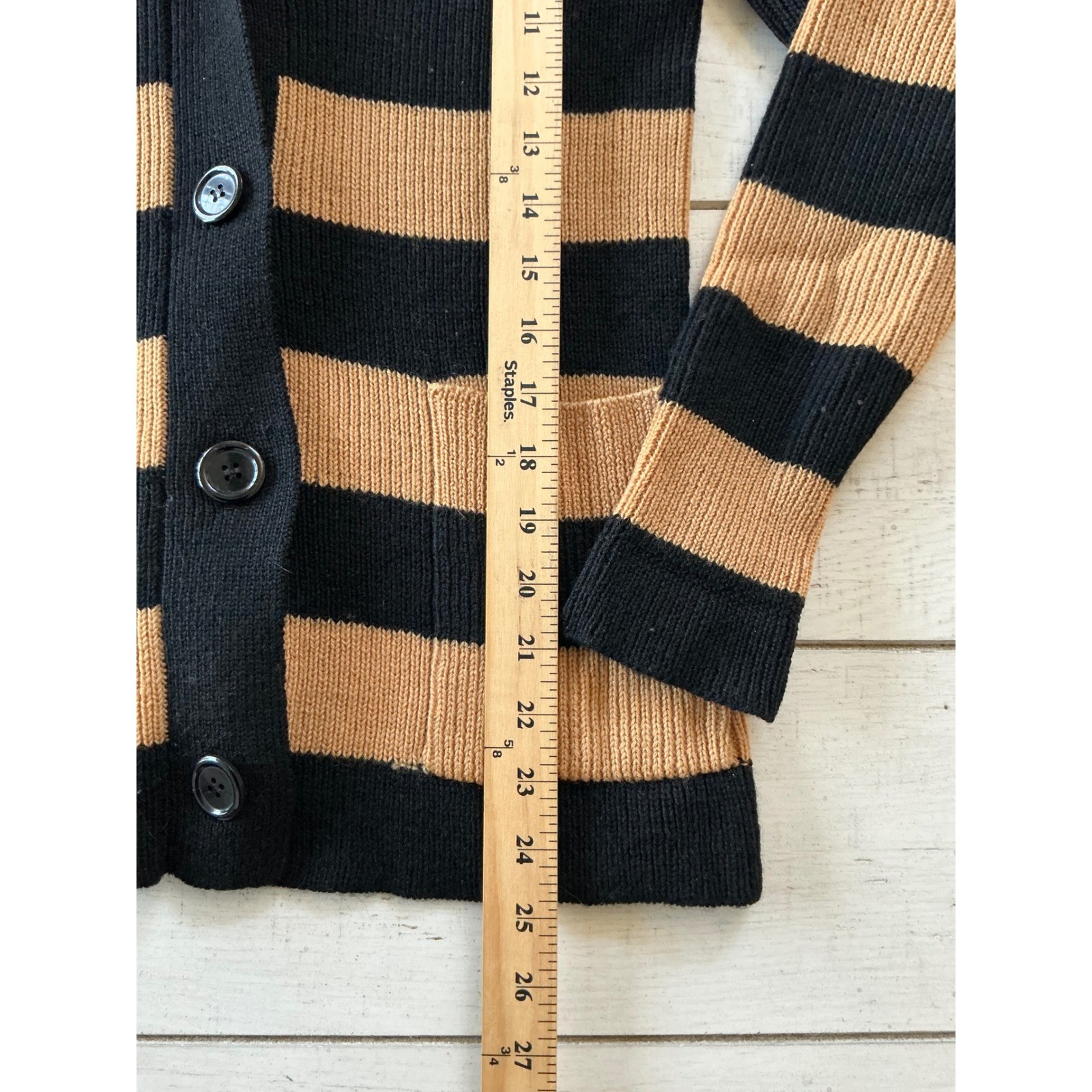 Vintage Riki for Crazy Horse 100% Wool Striped Hooded Cardigan Sweater Tan Black