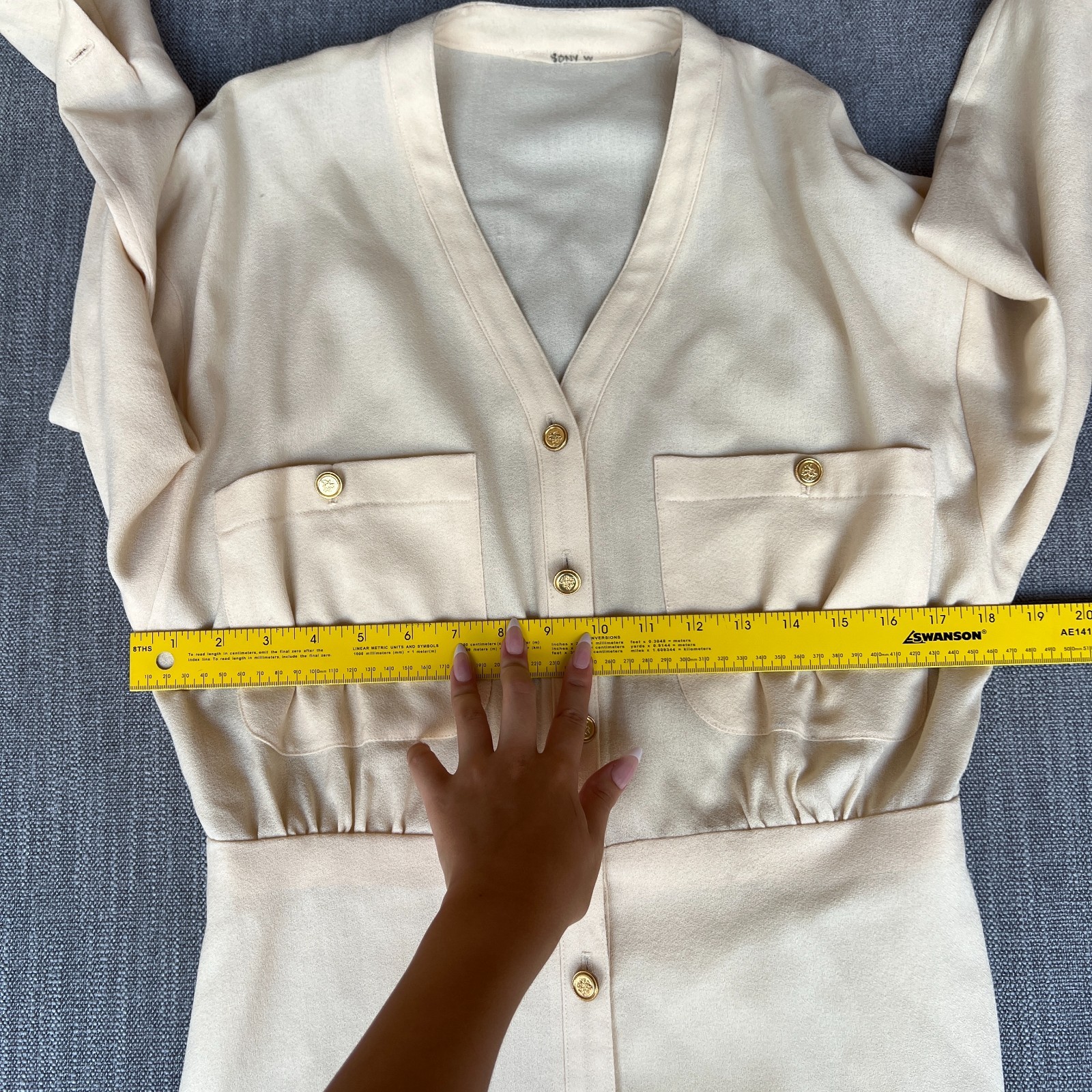 Vtg 80s Cream Military Blouse Jacket L Peplum Cinched Waist Gold Lion Button
