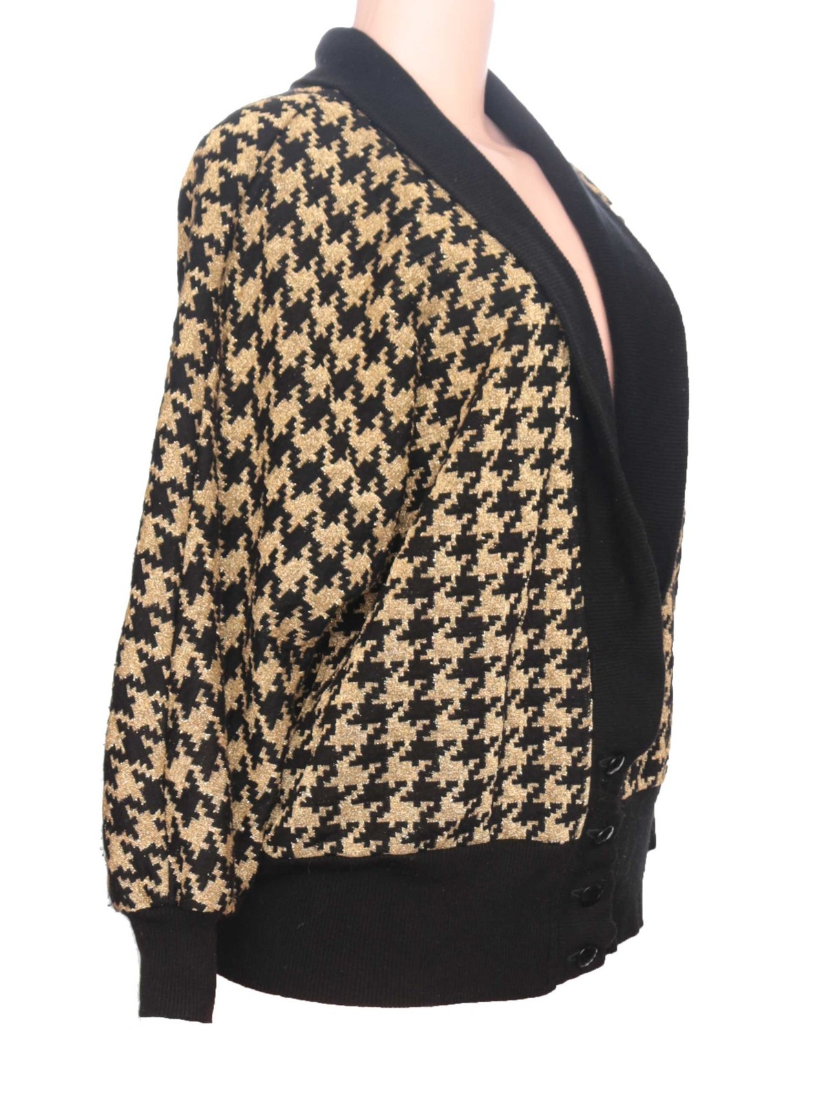 80s Vintage Sweater Metallic Gold Lurex Houndstooth Oversized New Wave Small