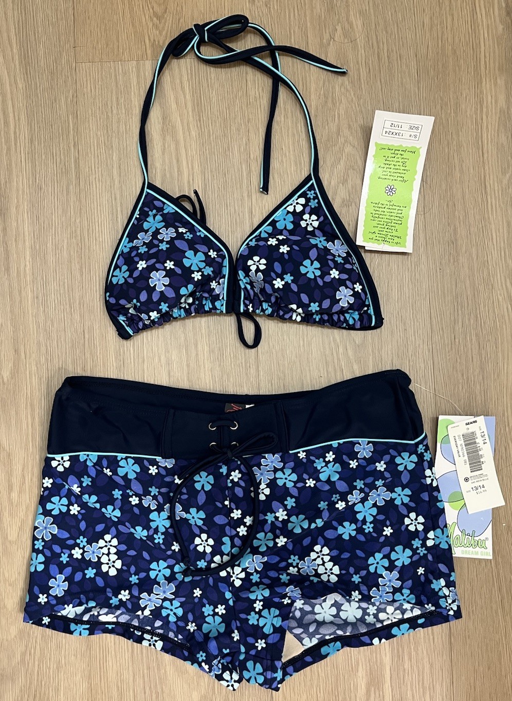 NWT Sears Bikini swimsuit blue floral SIZE 11/12 top and 13/14 bottoms/shorts