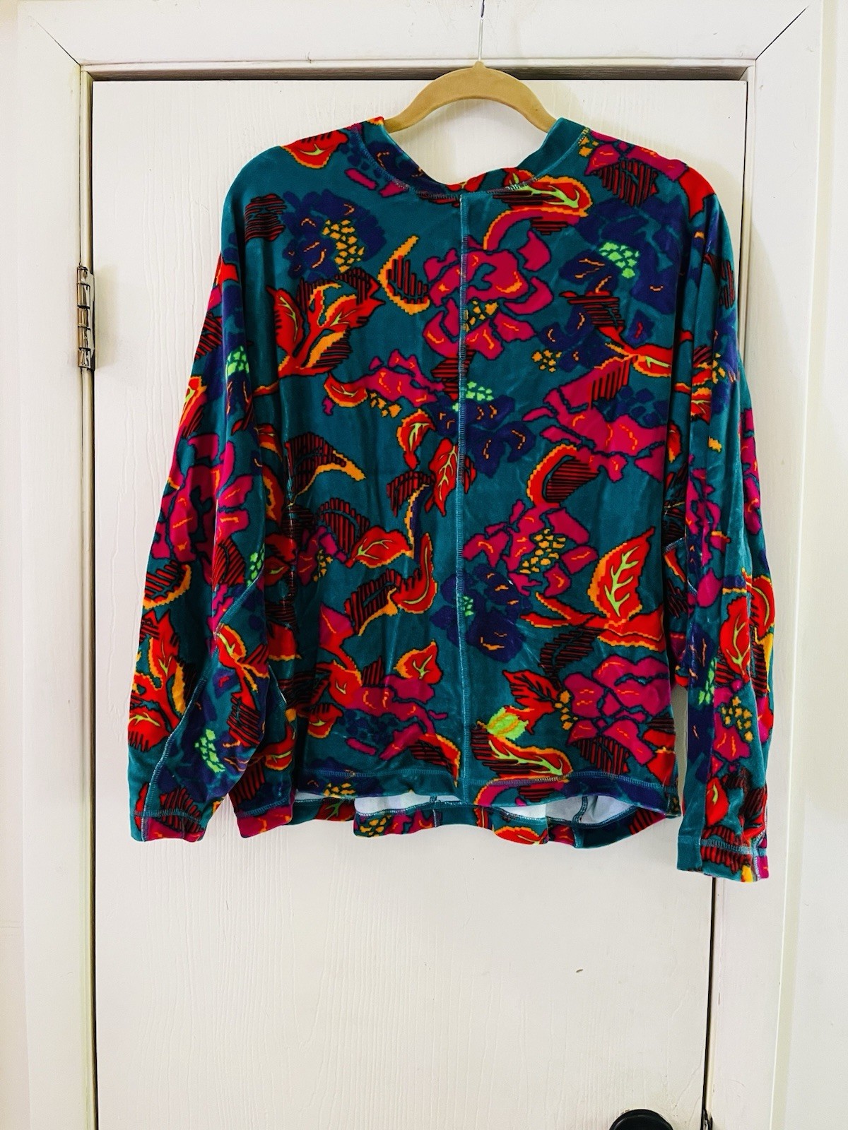VTG Velour Floral Folk Boho Dolman Sleeve Festival Pullover Blouse L
