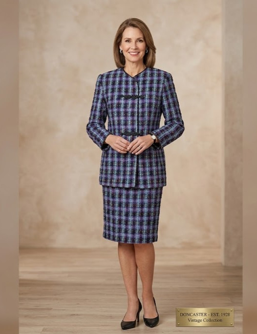 VTG Doncaster Tweed Skirt Suit Set 12 14 Faux Leather Trim Quiet Luxury NWT