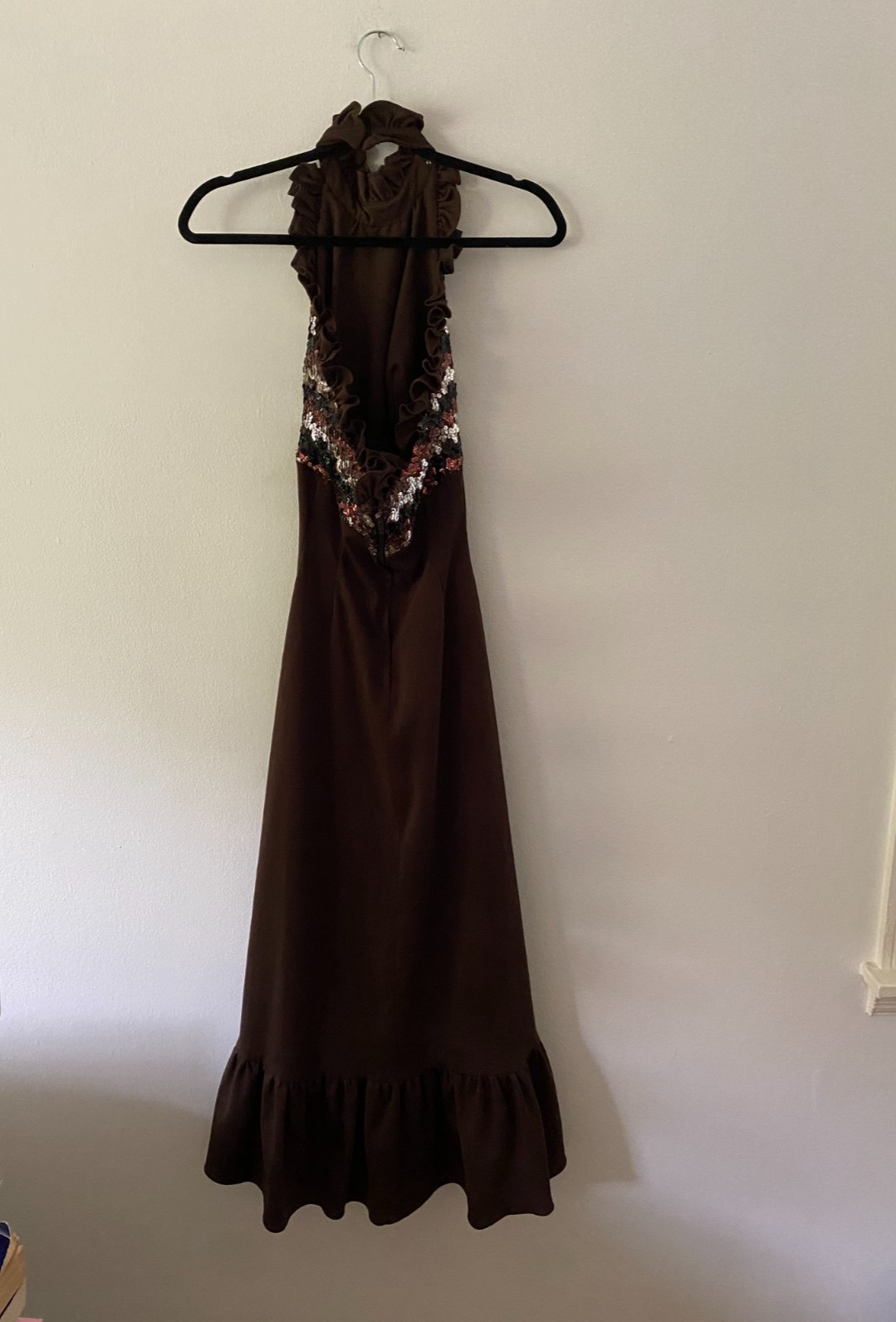 Vintage 1970s Brown Sequin Halter Ruffle Prom Gown Boho Disco XS/S