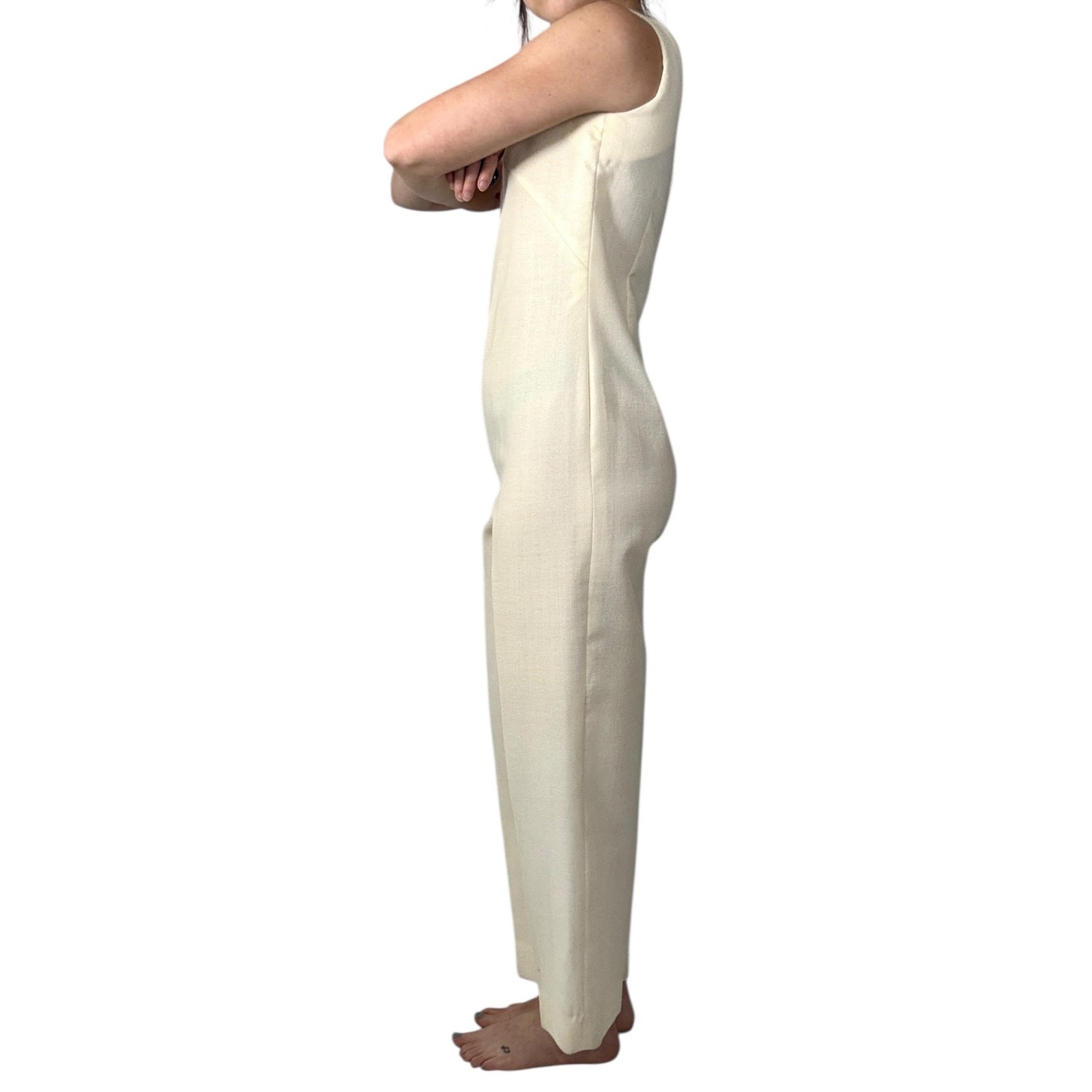 Vintage 1960s White Wool Jumpsuit Peer Label Metallic Gold Polka Dot Cape Mod