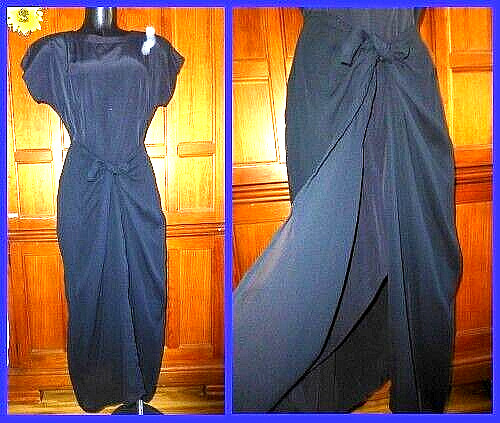 Vtg 80s Black Sarong Wrap Chiffon Skirt Retro Cocktail Sheath Midi DRESS M L