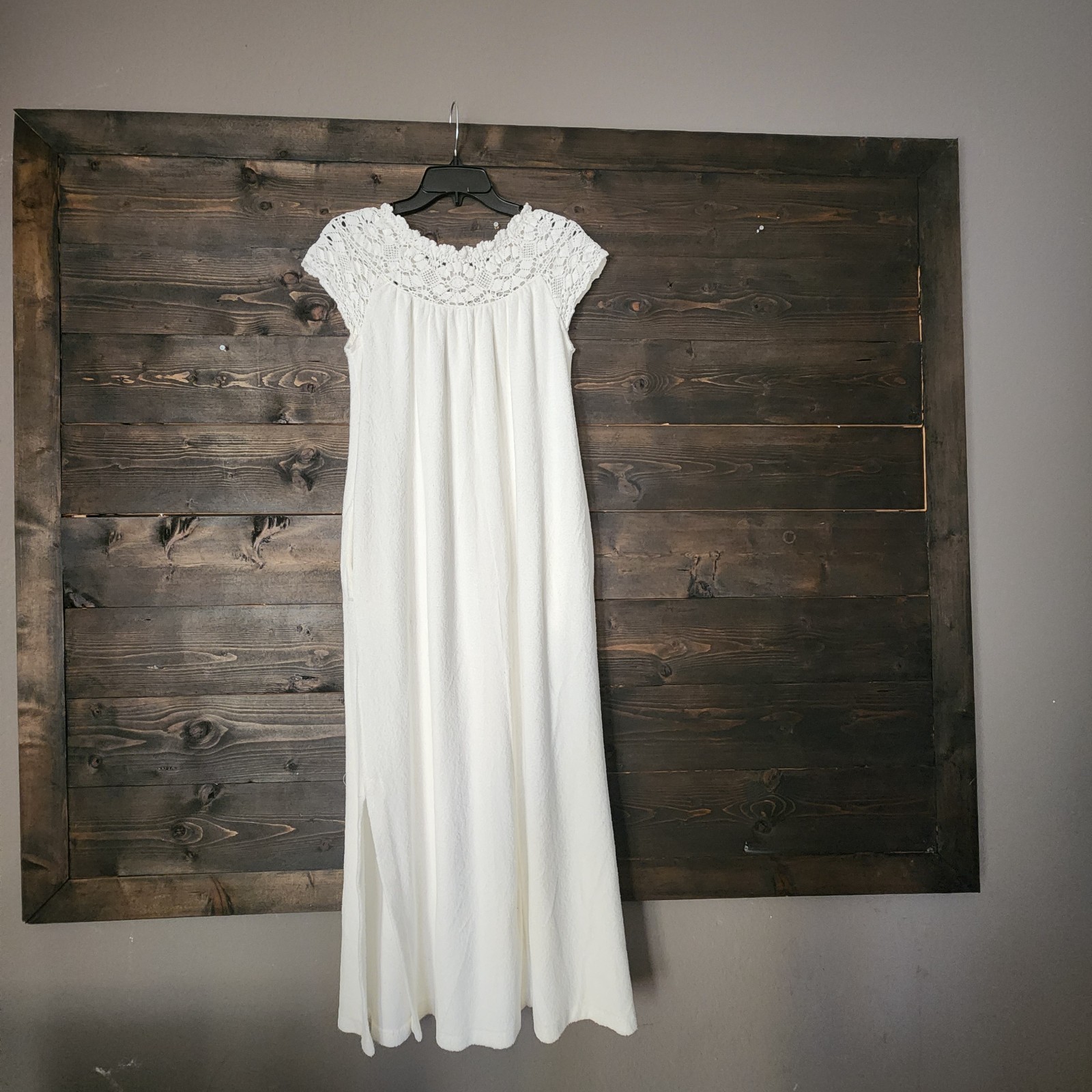 Vtg 80a Miss Elaine Terry Cloth Nightgown Maxi Dress Small White Crochet Lace