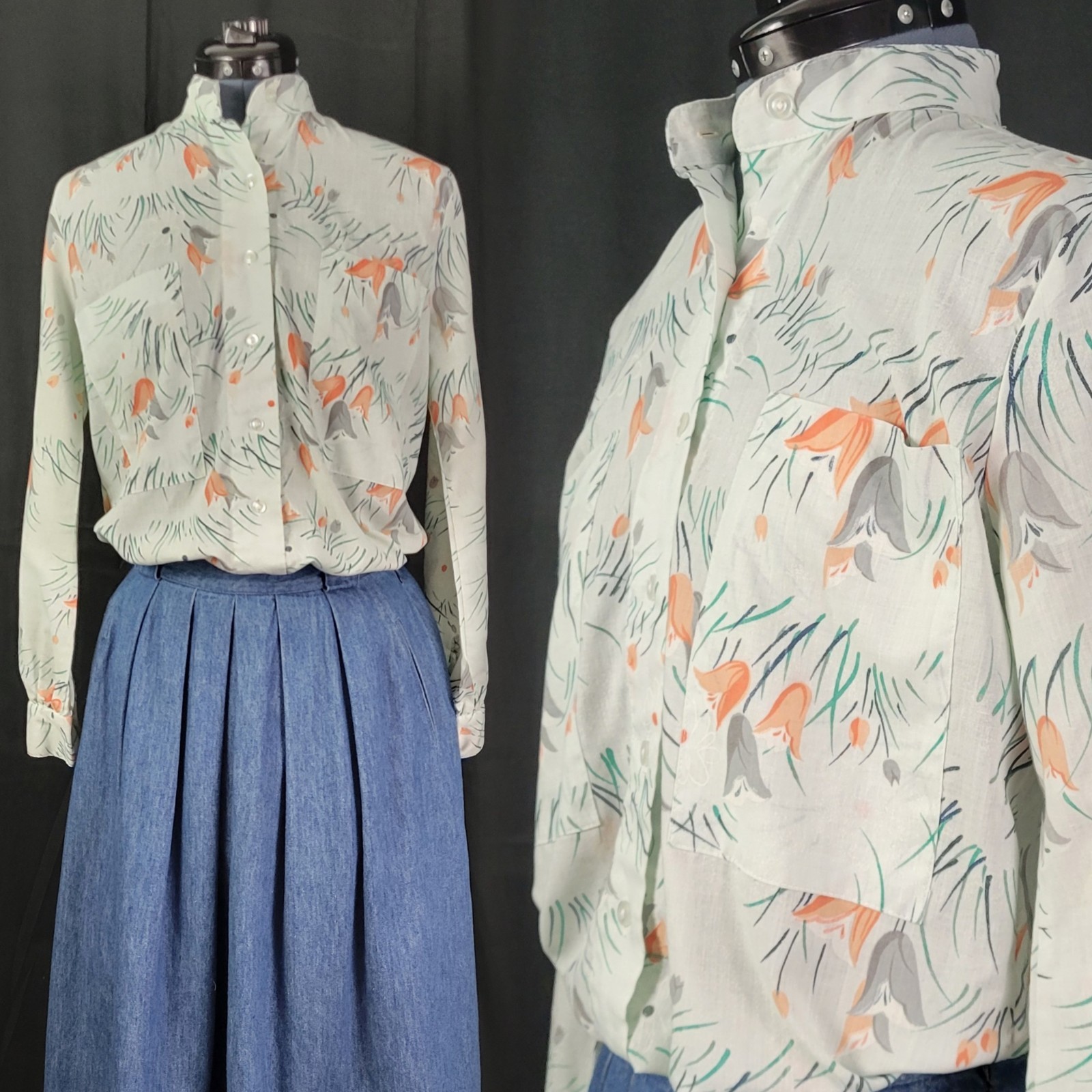 Vintage Pale Green Button Down Top w Grey & Orange Tulips Size 34 (XS)