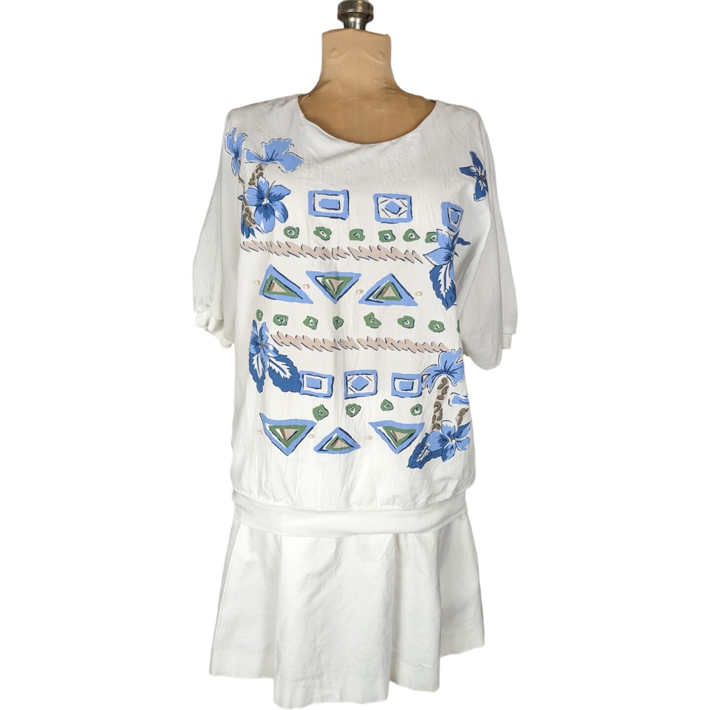 Vtg 80s/90s L/XL White Blue Floral Beaded Banded Waist Top Coastal Granny