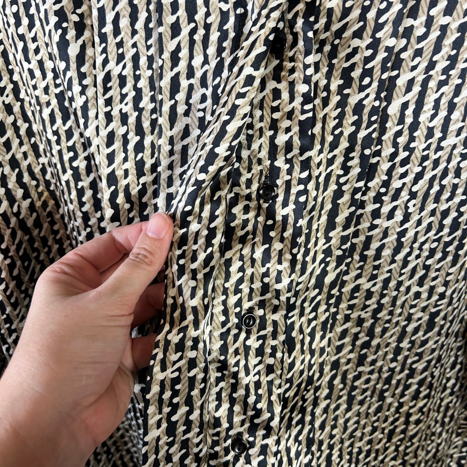 Vintage Alexandria Mock Neck Blouse Black Tan Geometric Abstract Print Top