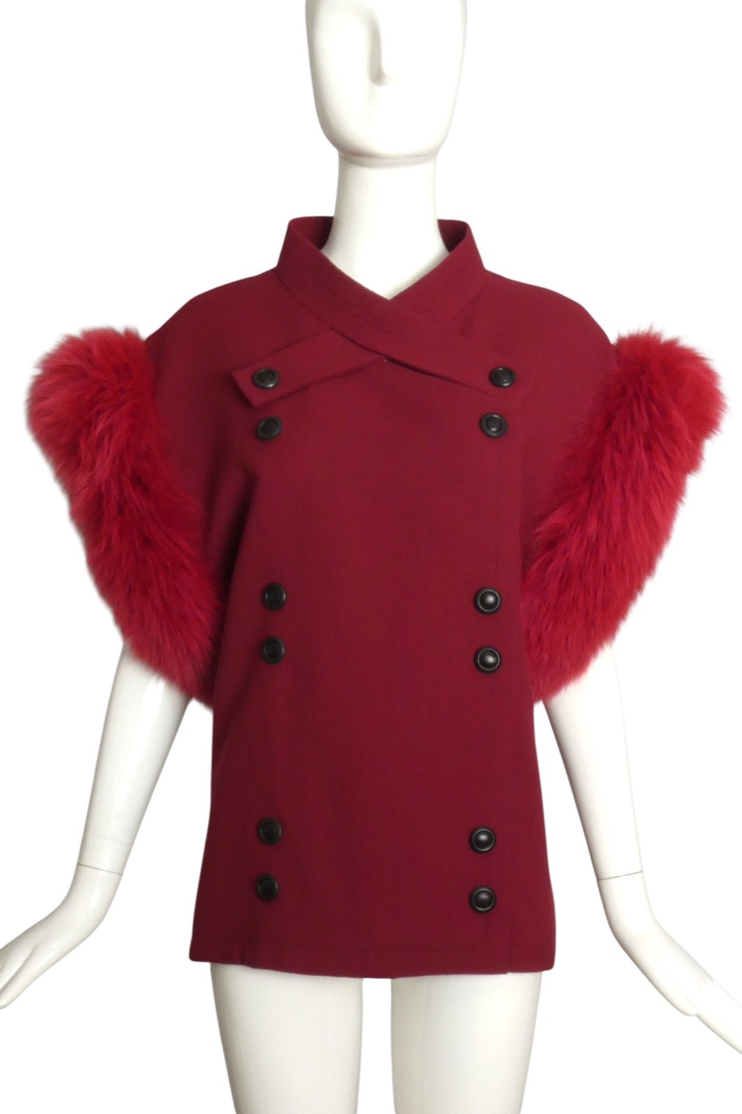 PIERRE CARDIN HAUTE COUTURE- 1989 Wool & Fox Fur Sleeveles Coat, Size 8