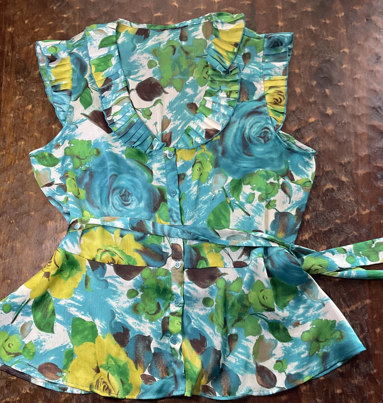 1960s Vibrant Bewitching Blue & Green Rose Floral Top Sleeveless Size Medium