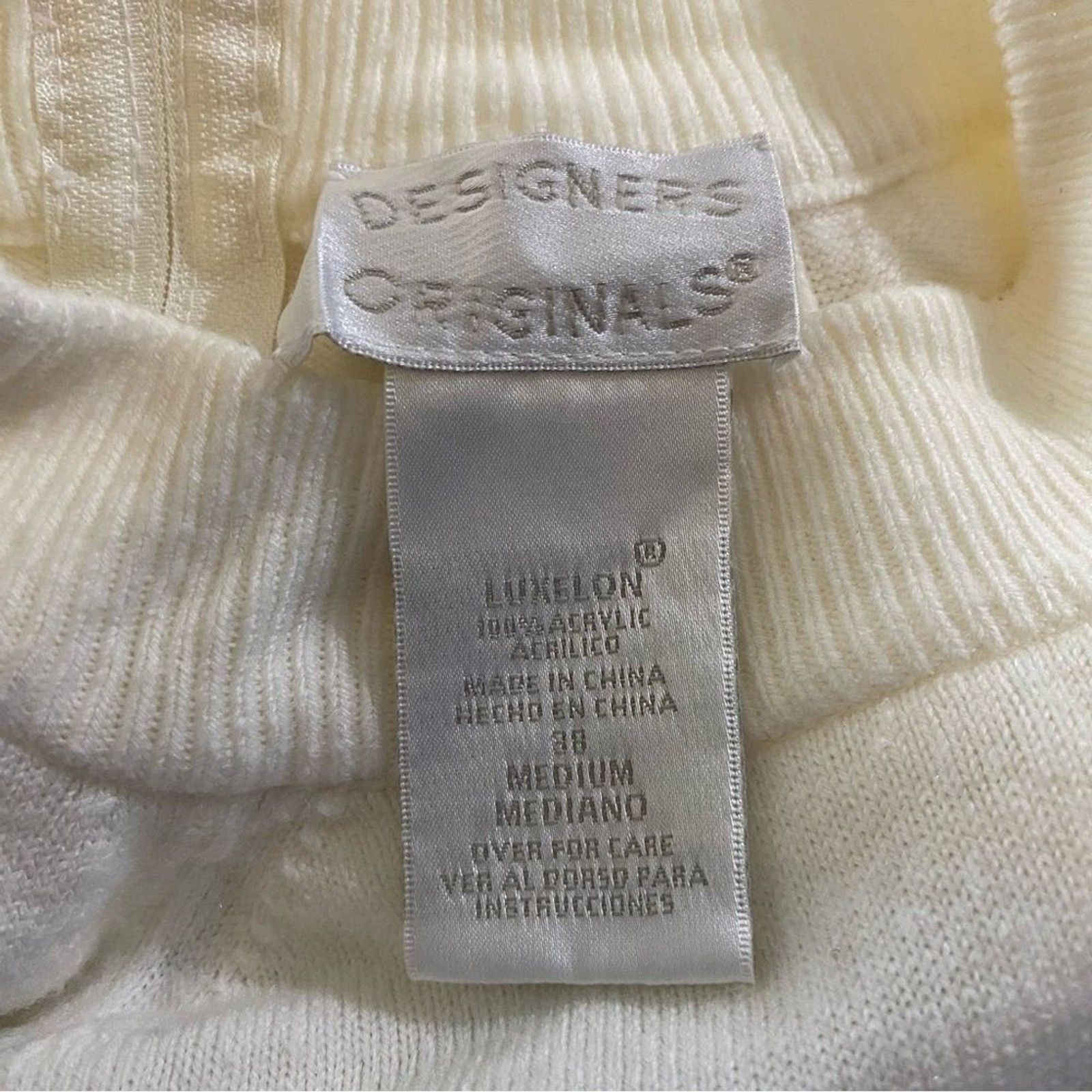 Vintage 90s Designers Originals Luxelon Mock Neck Sweater Back Zip Ribbed Bone M
