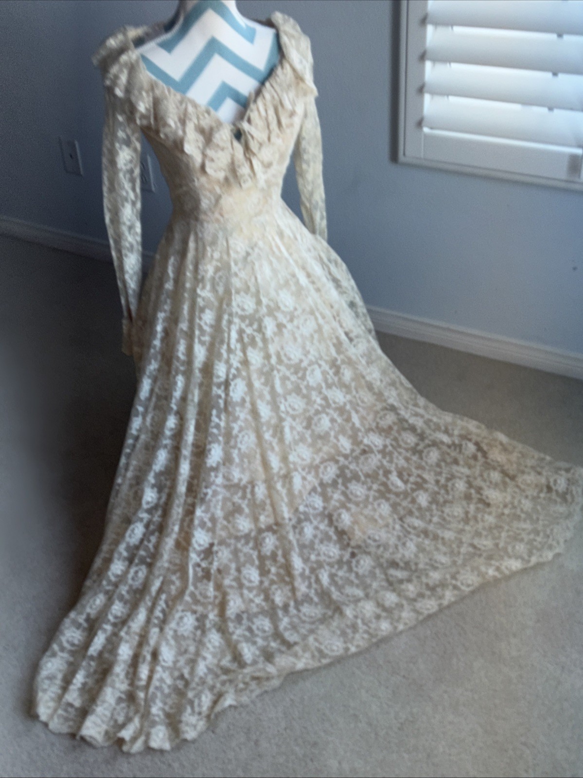Vintage 70s Antique 1800s Style Wedding Dress Custom Handmade Ivory Lace S