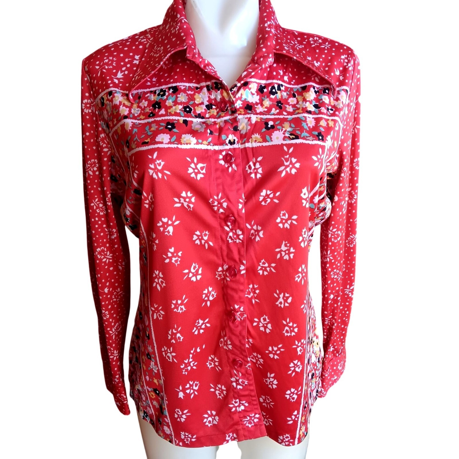 True Vintage Boho Top 13/14 Large Groovy Red Floral Tami Button-Up 1970’s Hippy