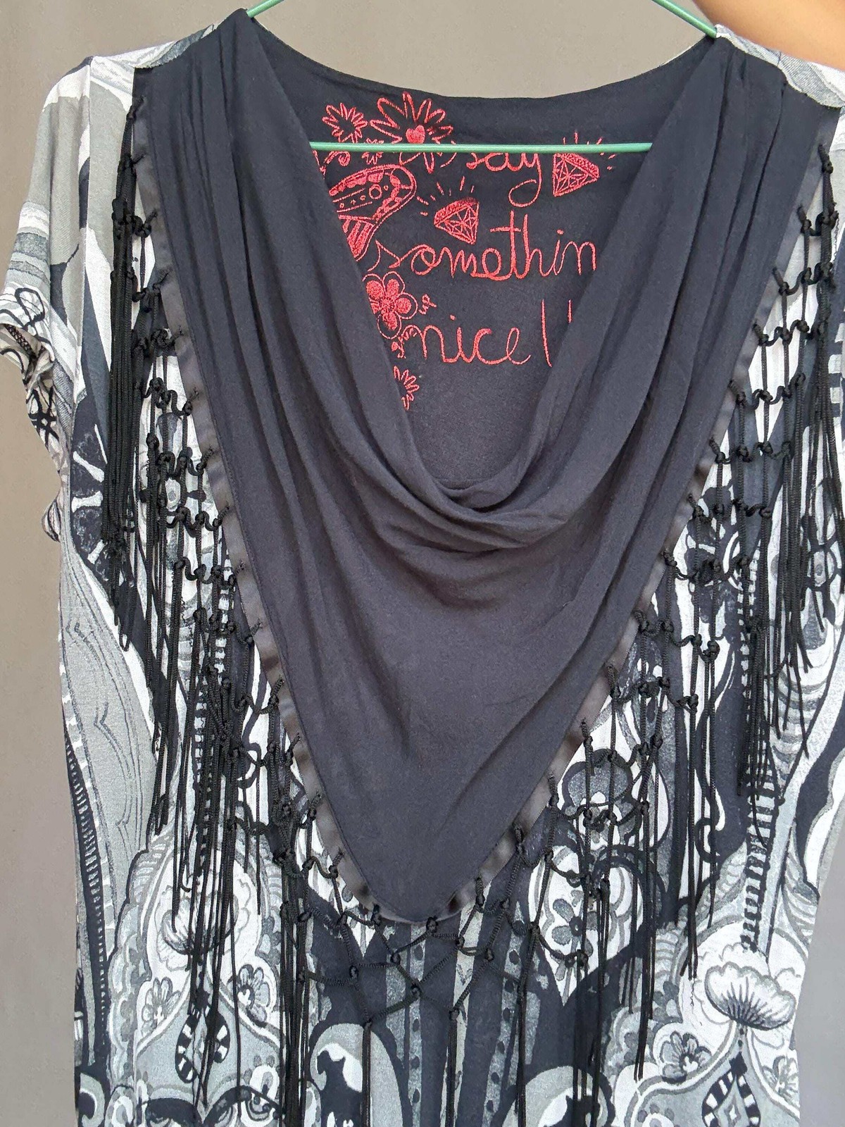 Desigual black white gray patterned blouse, cotton feel, relaxed fit, fringed sc