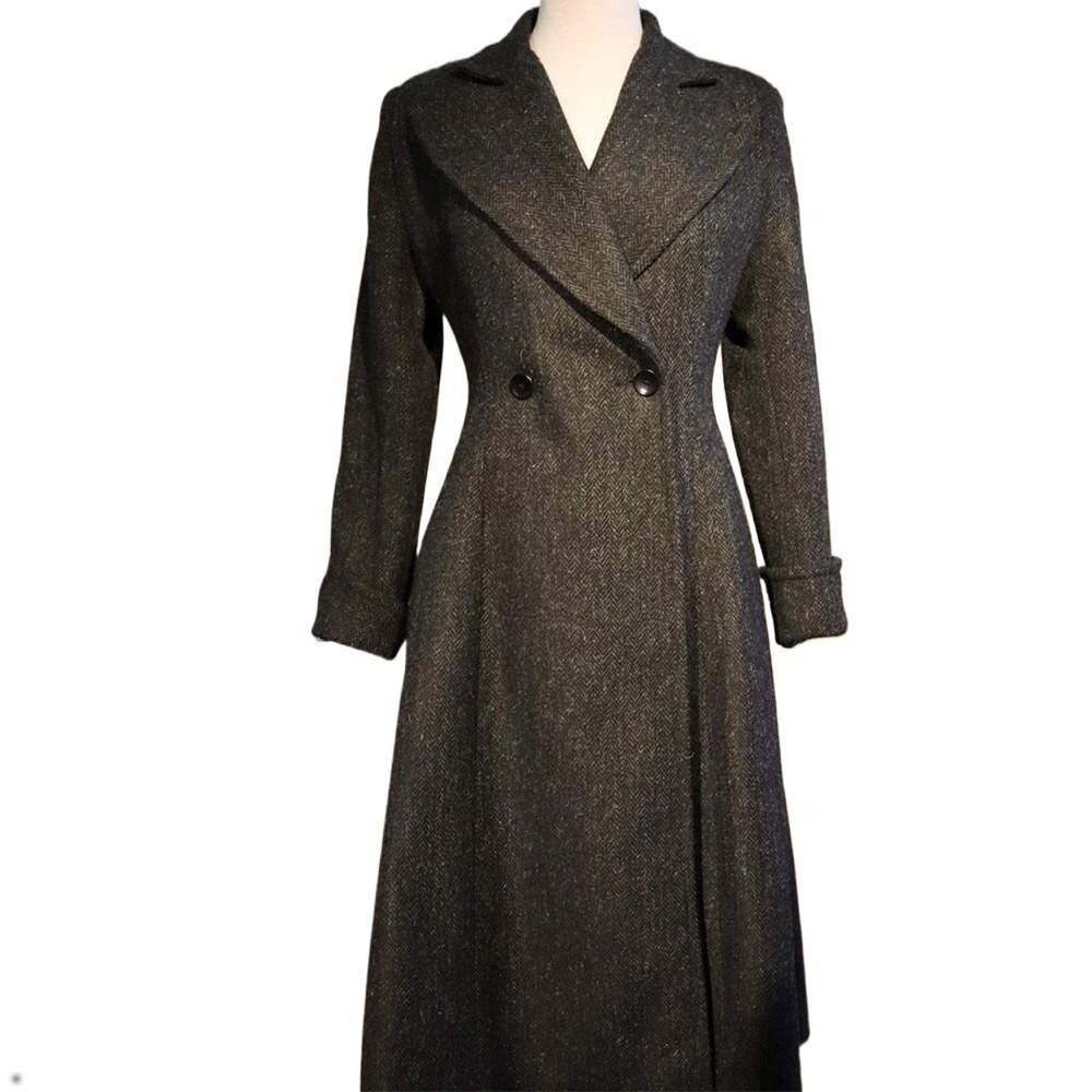 Ladies Brown Coat Herringbone Tweed Jacket Double Breasted Wide Collar Long