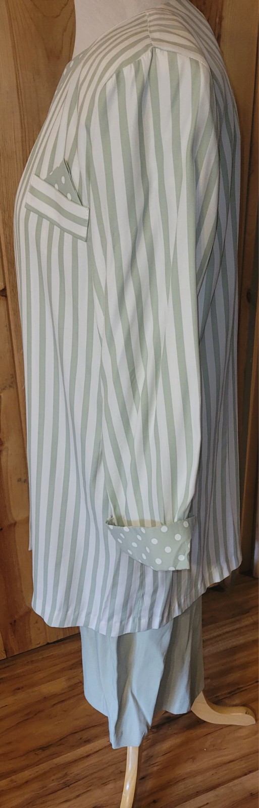 1980s STUART ALAN Sage Green Career Wear Polka Dot Belted Dress + Striped Jacket