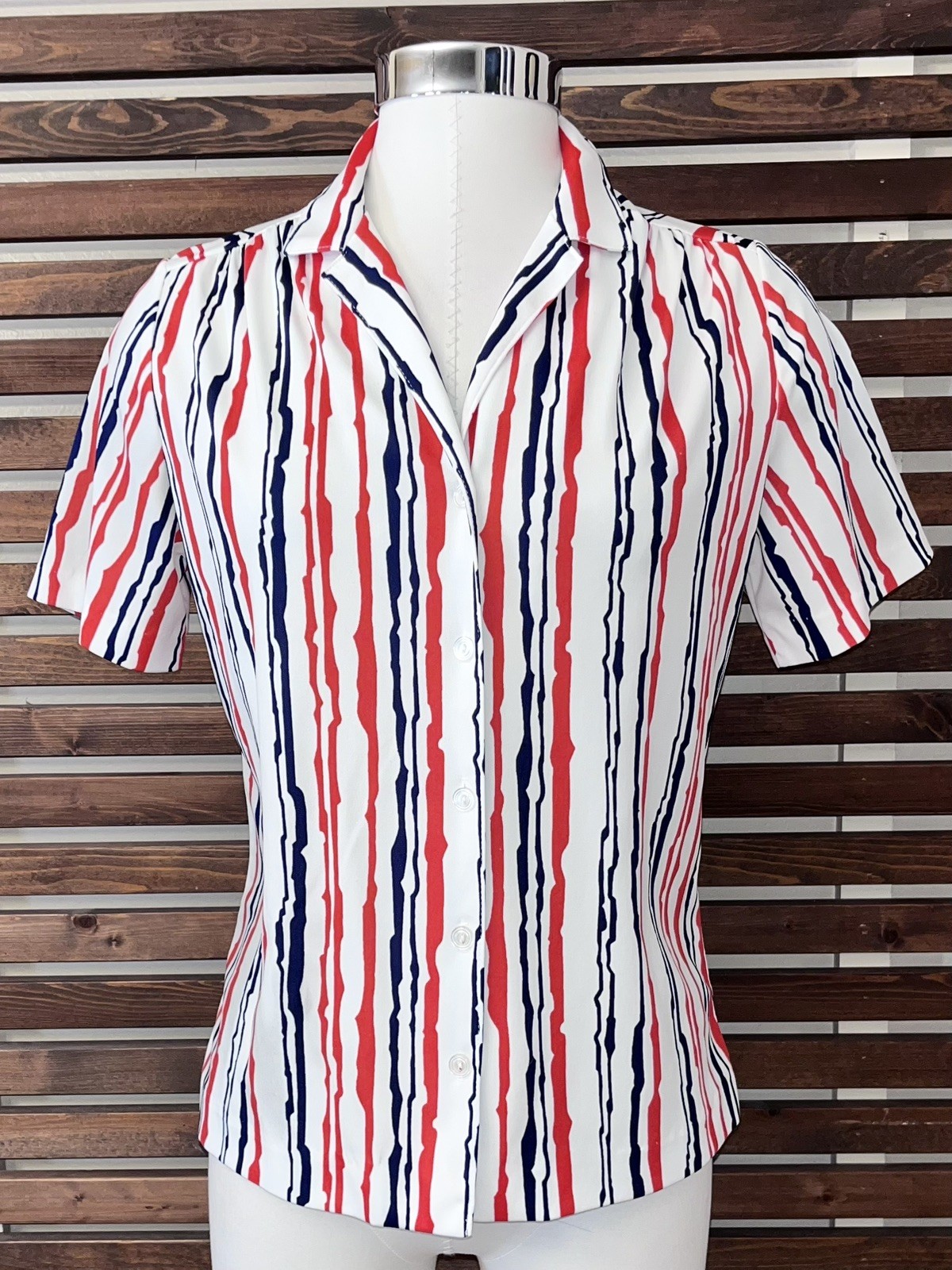 1970s 70s Vintage Red Blue White Striped Button Short Sleeve Graff Blouse Shirt
