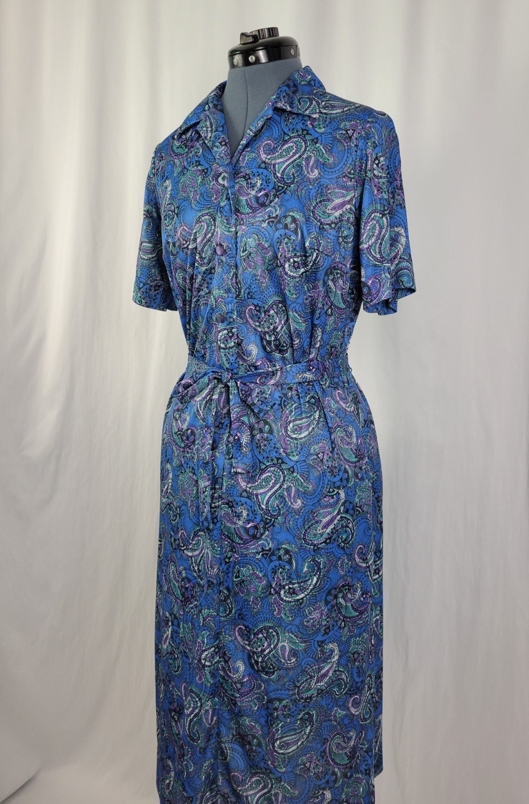 Vintage Ina Carol Blue & Purple Paisley S/S Dress w Matching Tie Belt Size 14