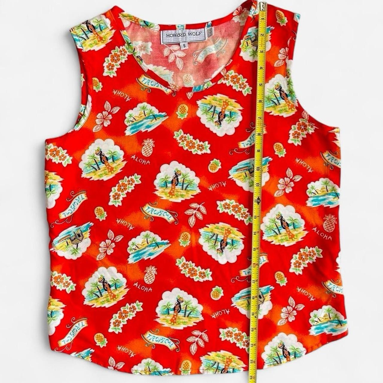 Vintage Howard Wolf Rayon Tropical Red Aloha Hawaiian Hula Dancer Tank Top