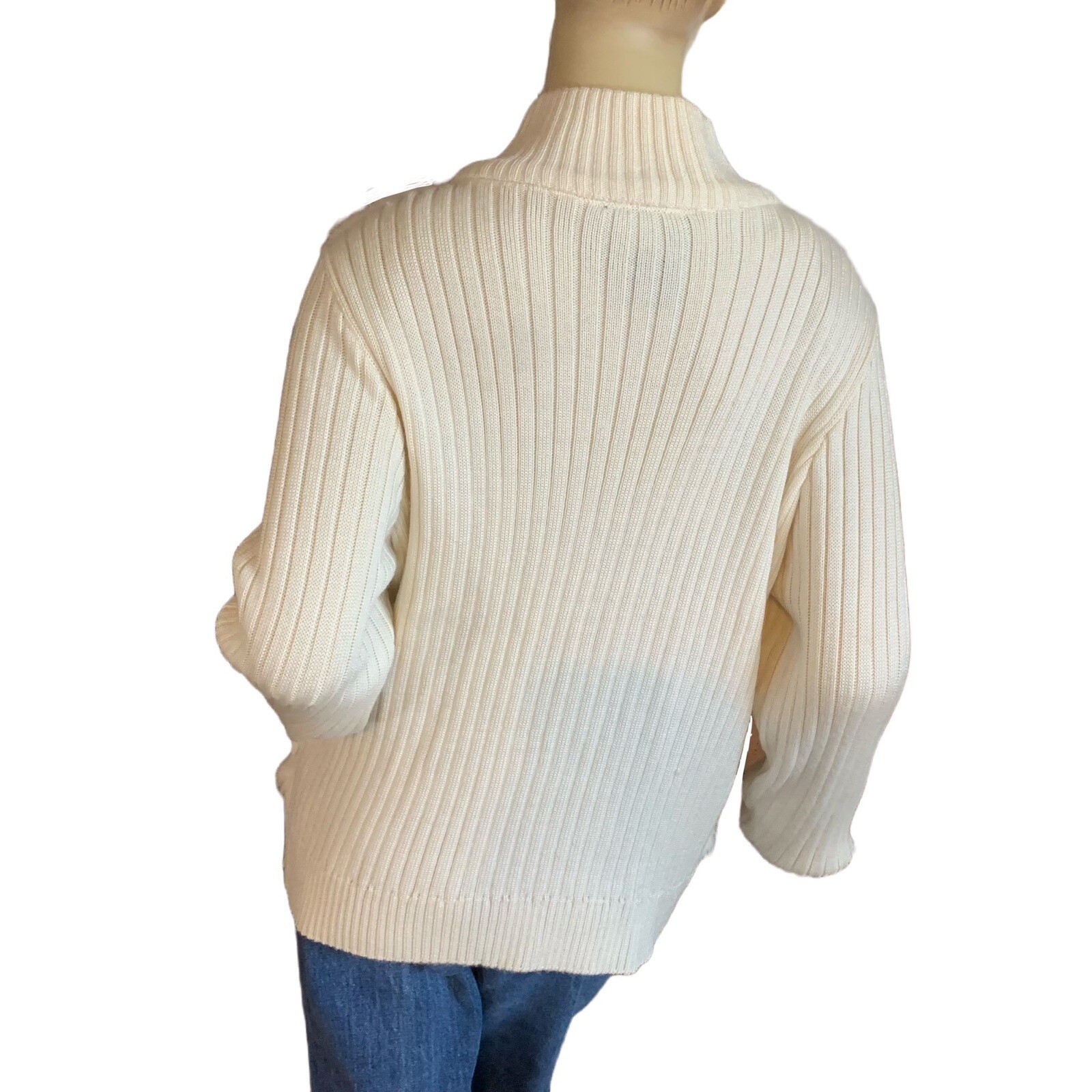 VINTAGE CIRCA 1990’S ROCHELLE CREAM KNIT & RABBIT FUR ZIPPER FRONT SWEATER SZ LG