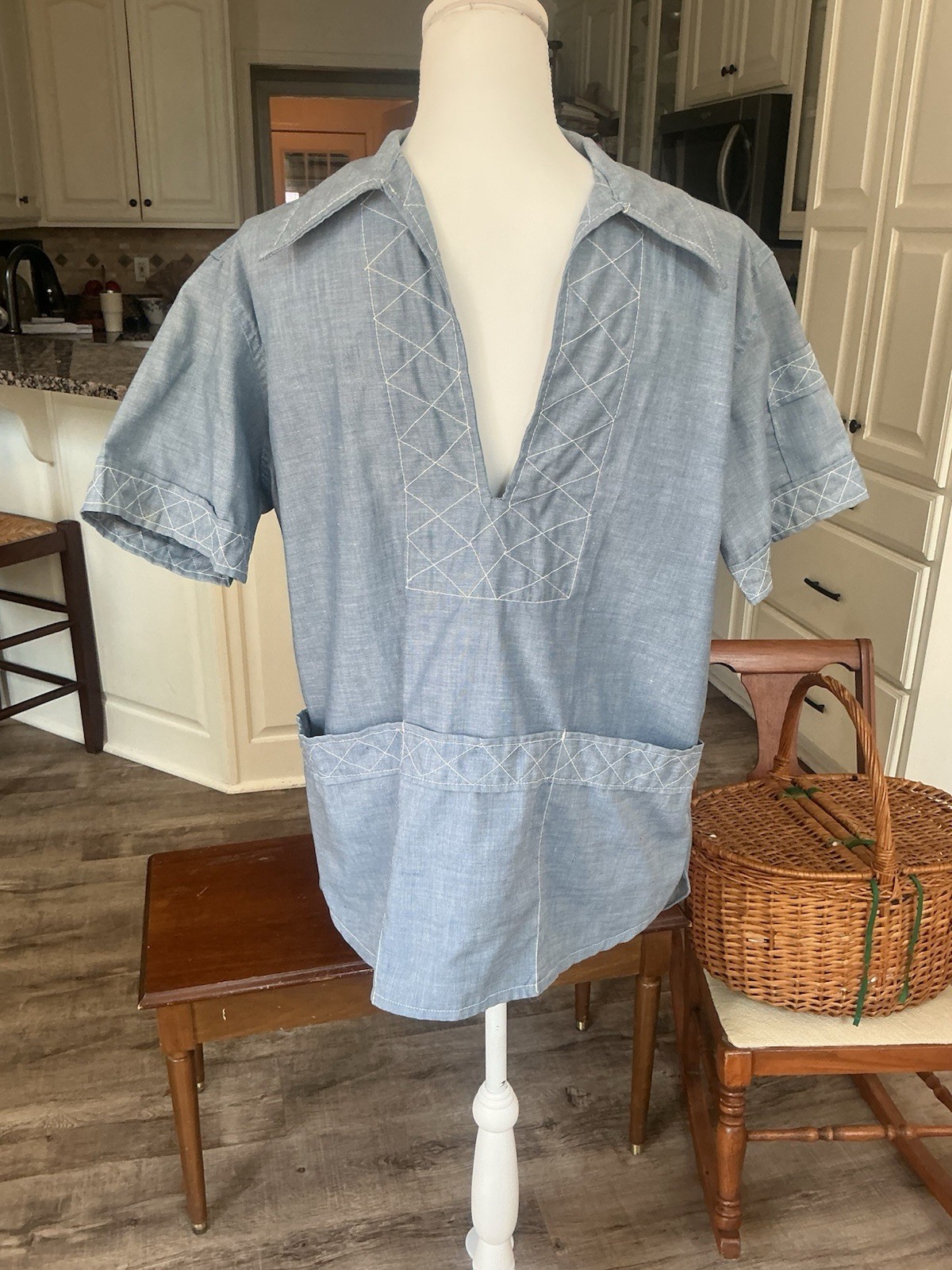 VTG 70s Haitian Chambray Embroidered Skipper Shirt Tunic Boho Cabana Medium M