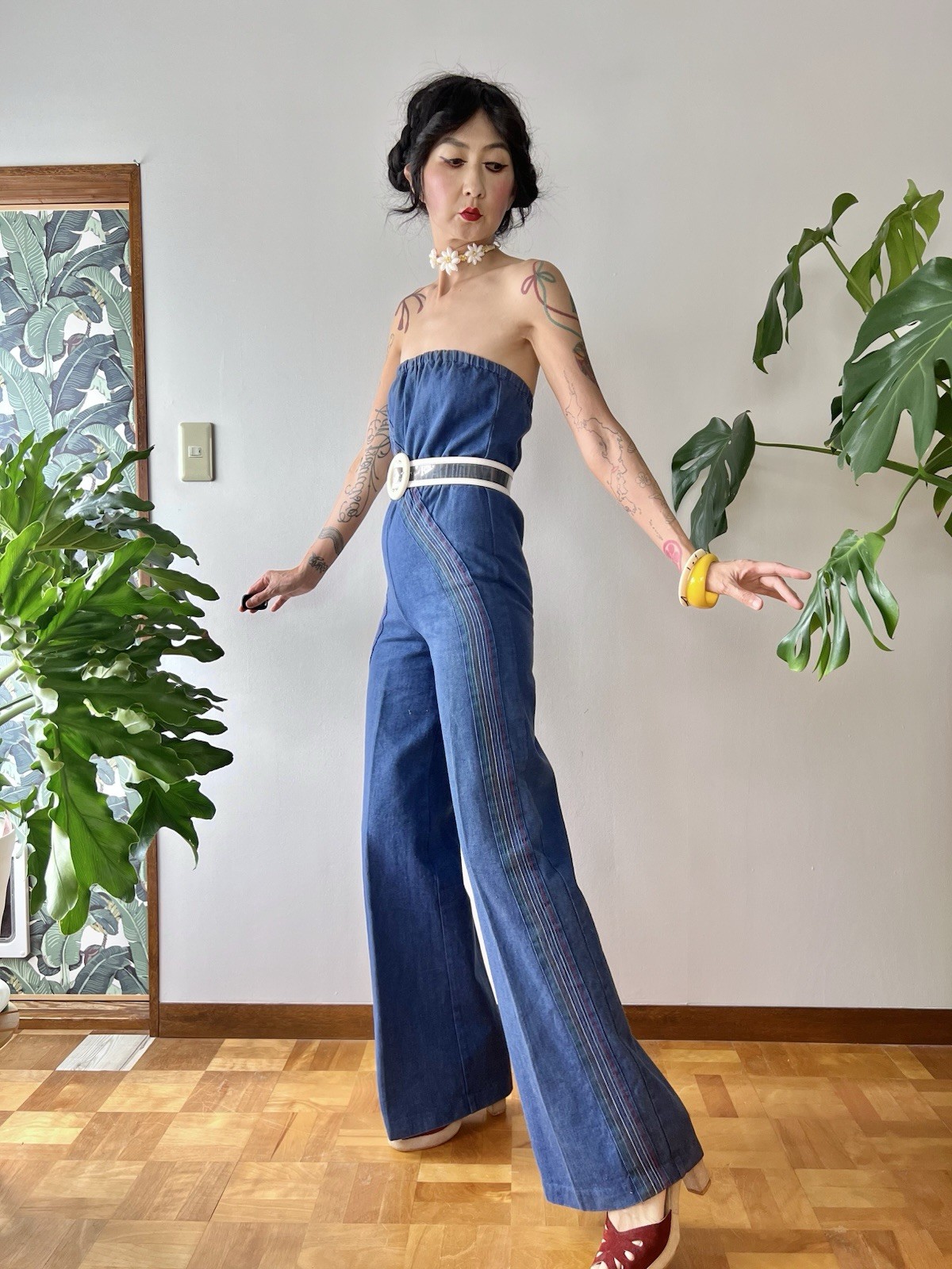 1970s Happy Legs Rainbow Chain Stitch Strapless Denim Jumpsuit Wide Leg XS/S
