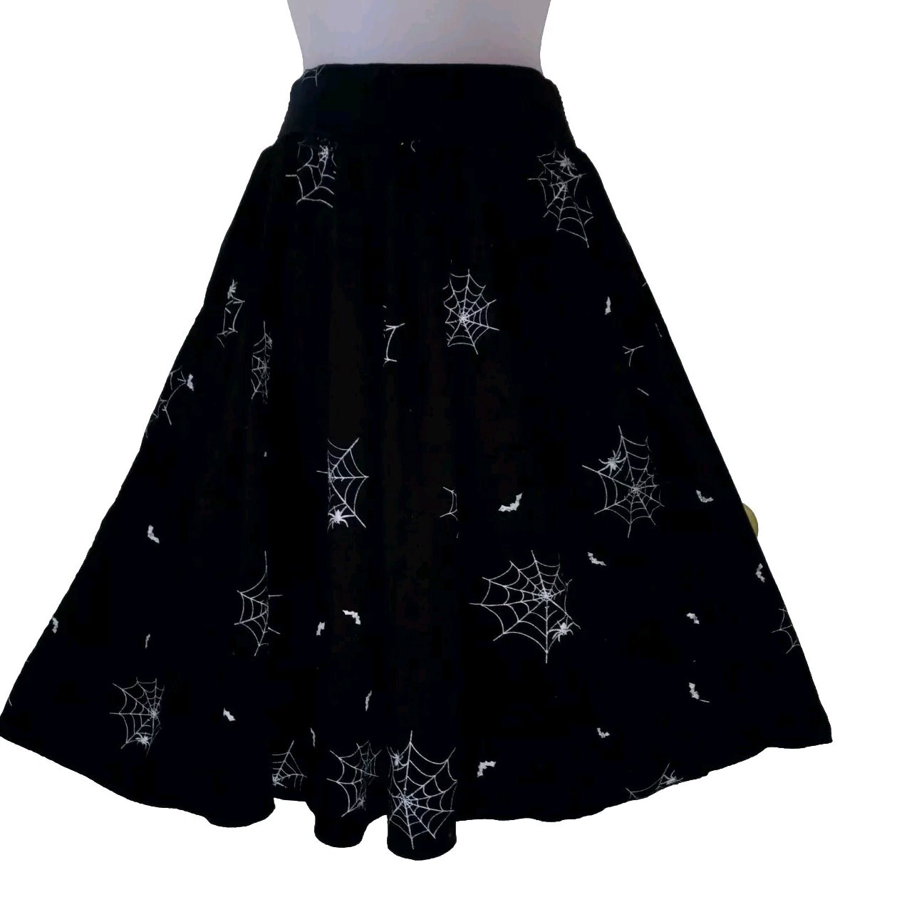 Vintage 80s Black Spider Web Bat Cotton Full Skirt Halloween Novelty Print S/M