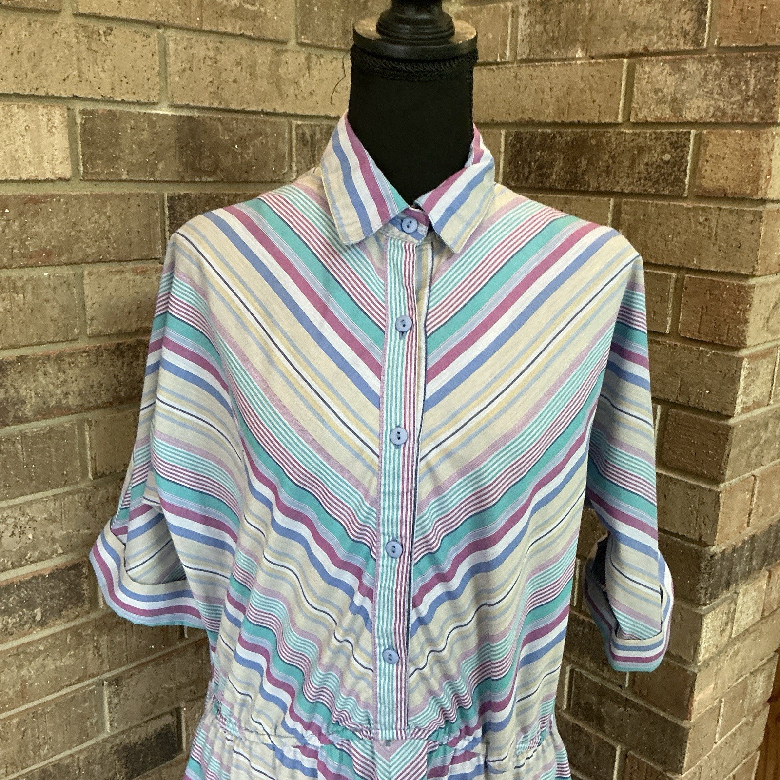 VINTAGE American Shirt Dress Pastel Stripe Button Midi USA Women’s Sz 15/16 #1D9