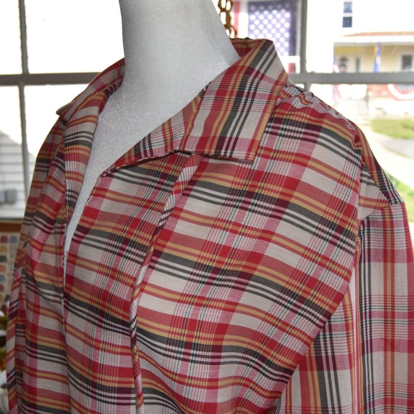 Vintage 80s Plaid Peasant Blouse XL XXL Tie Neck Boho Cottagecore Shirt