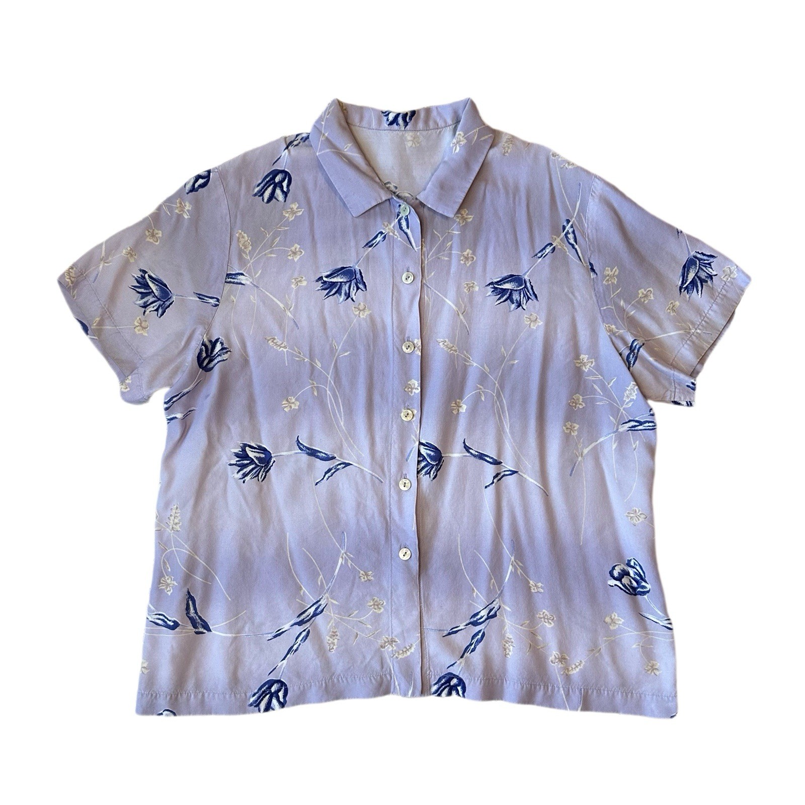 Vintage Handmade Rayon Floral Purple Pastel Women M/L Buttonup Top Short Sleeve