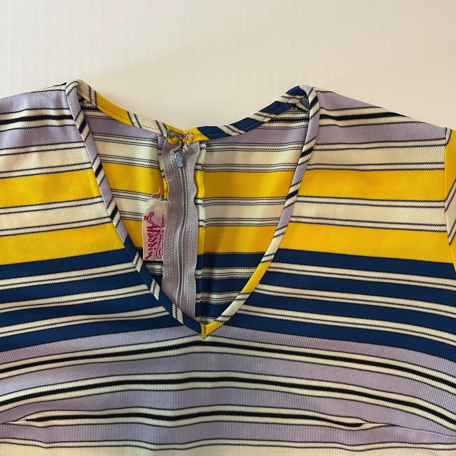 Vintage 60s Aladdin Striped Top Blouse Yellow Blue Purple V-Neck with Waist Tie